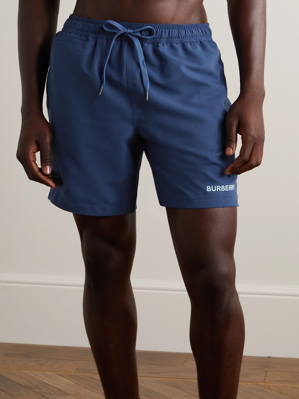 Shop Burberry Straight-leg Long-length Logo-print Swim Shorts In Blue