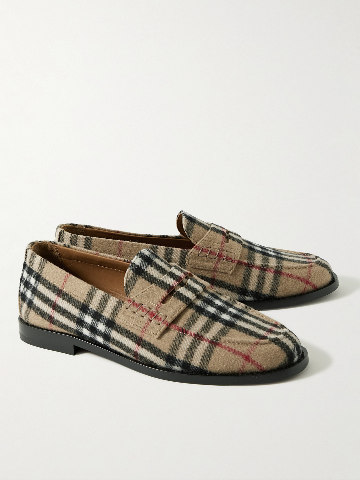 Shop Burberry Checked Felt Penny Loafers In Neutrals