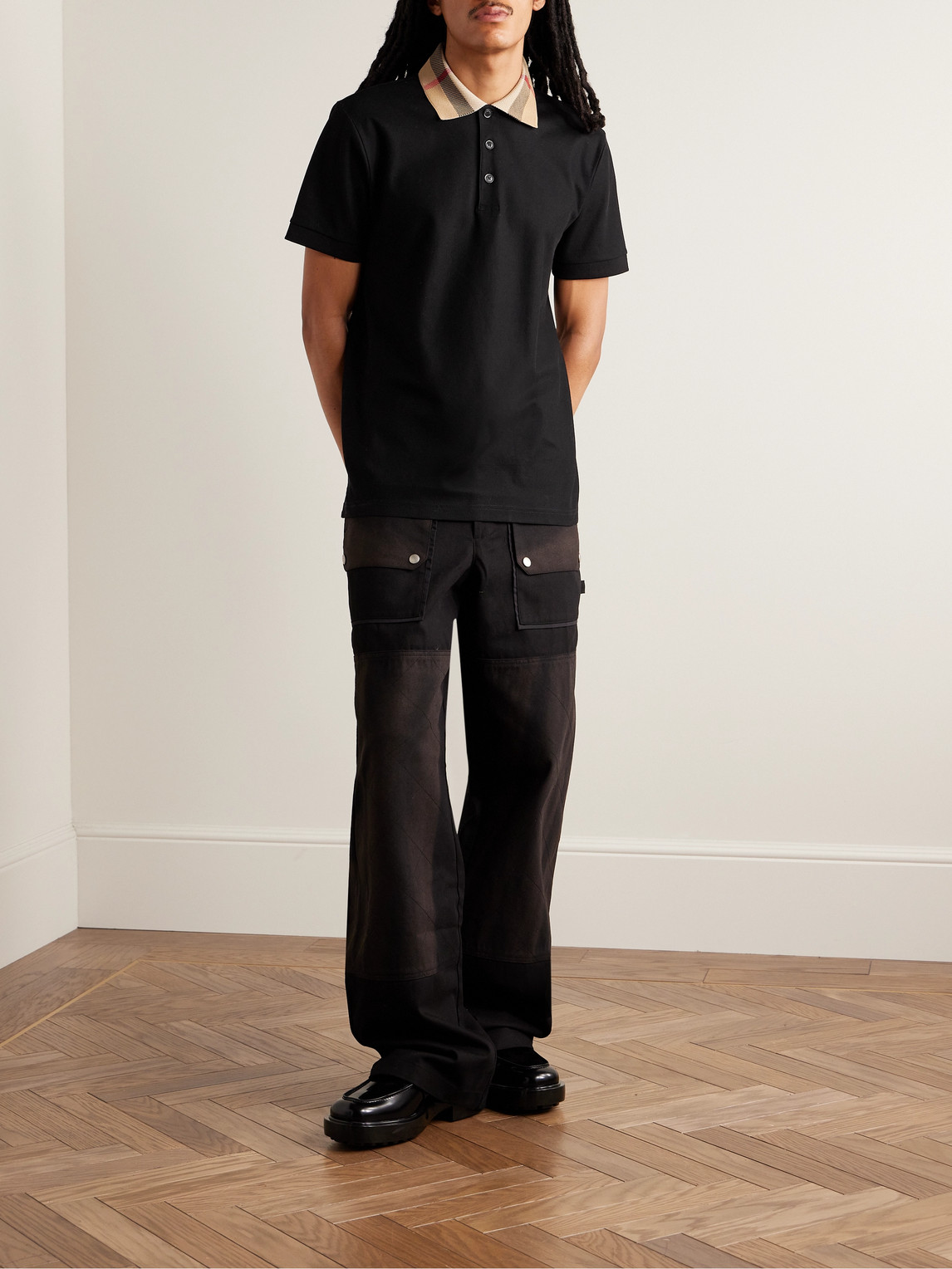 Burberry Cody Polo Shirt With Check Collar In Blue