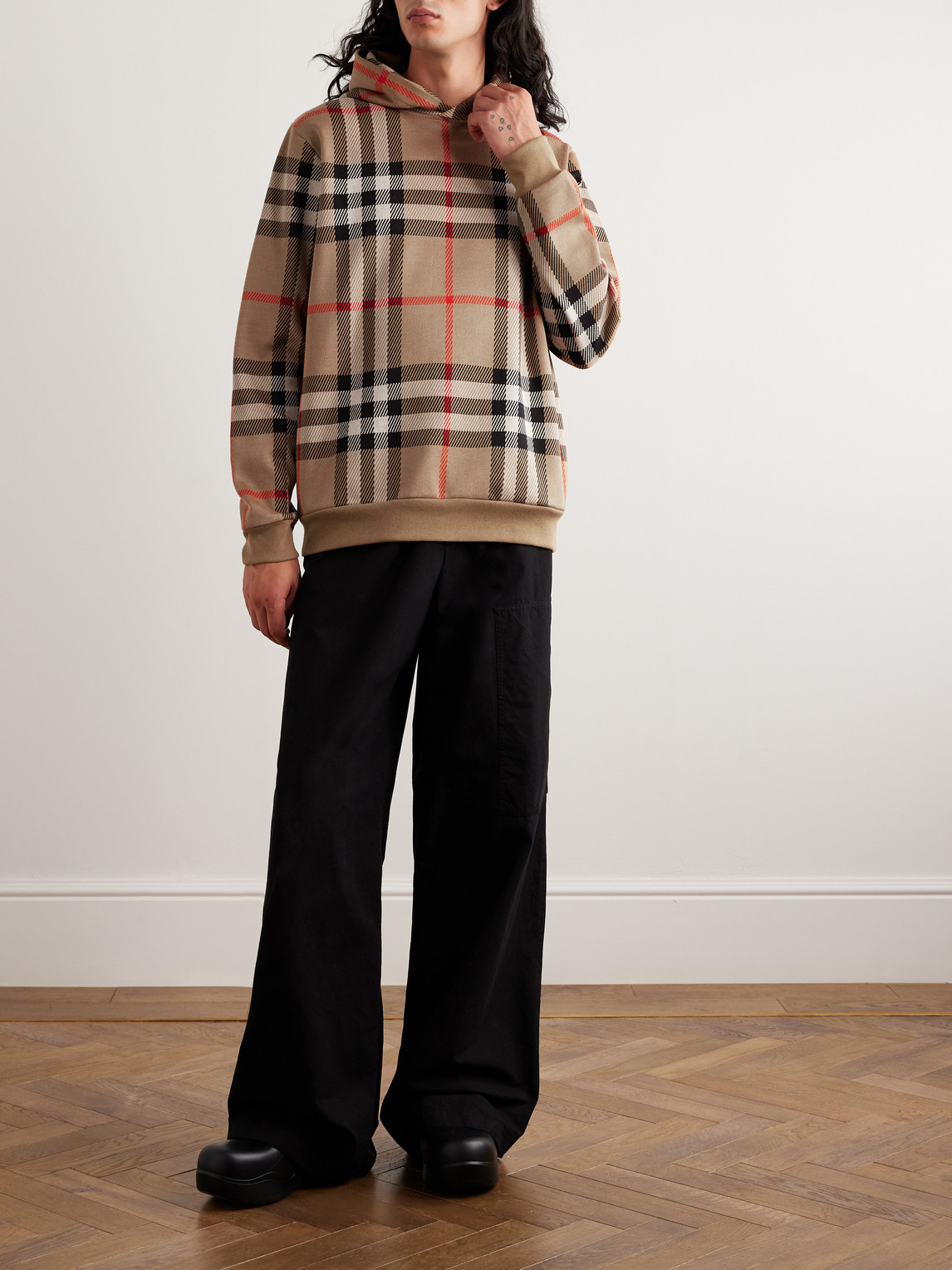 Shop Burberry Checked Cotton-jacquard Hoodie In Neutrals