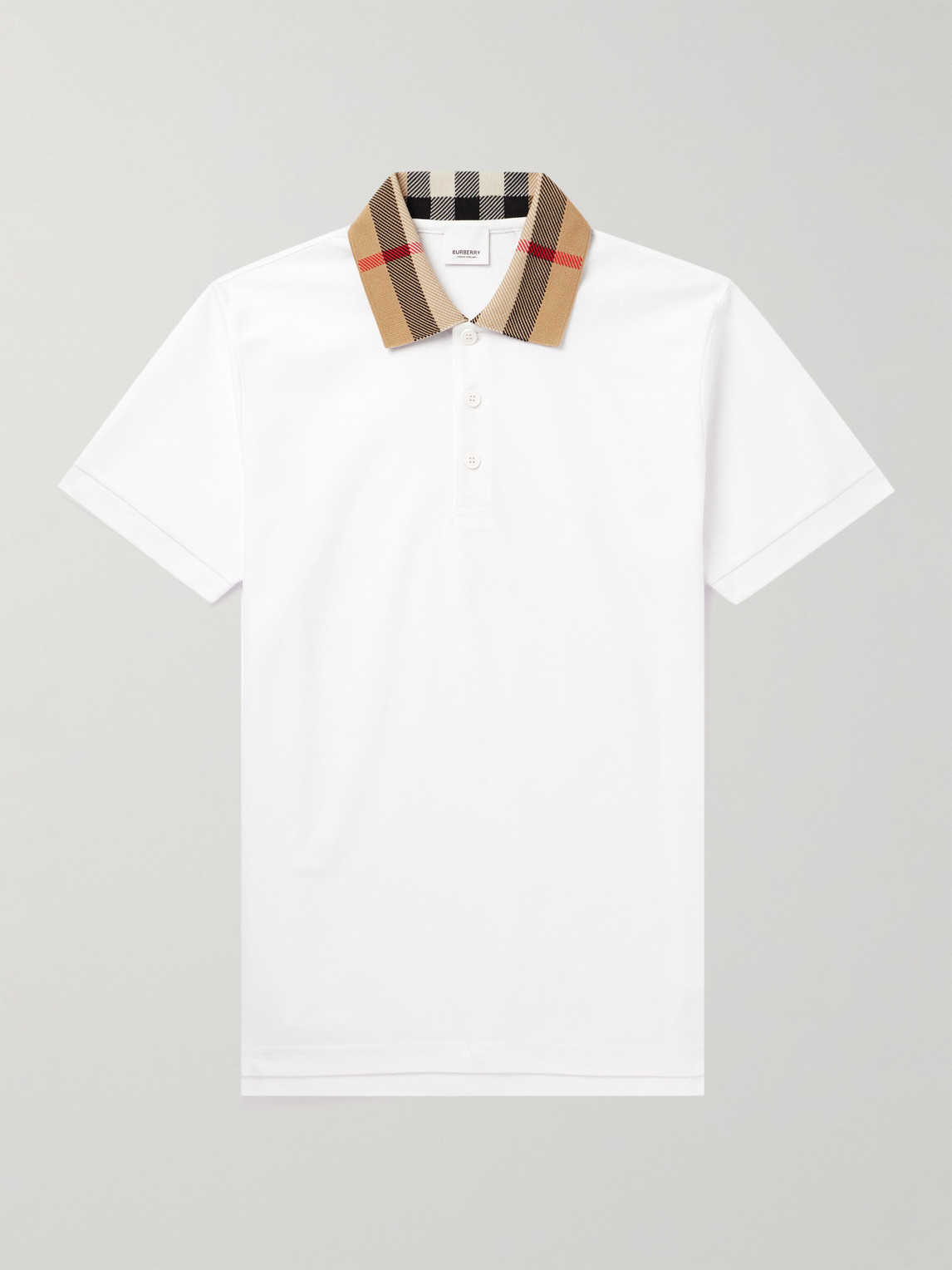 Burberry Check-collar White Polo Shirt With Three-button Placket