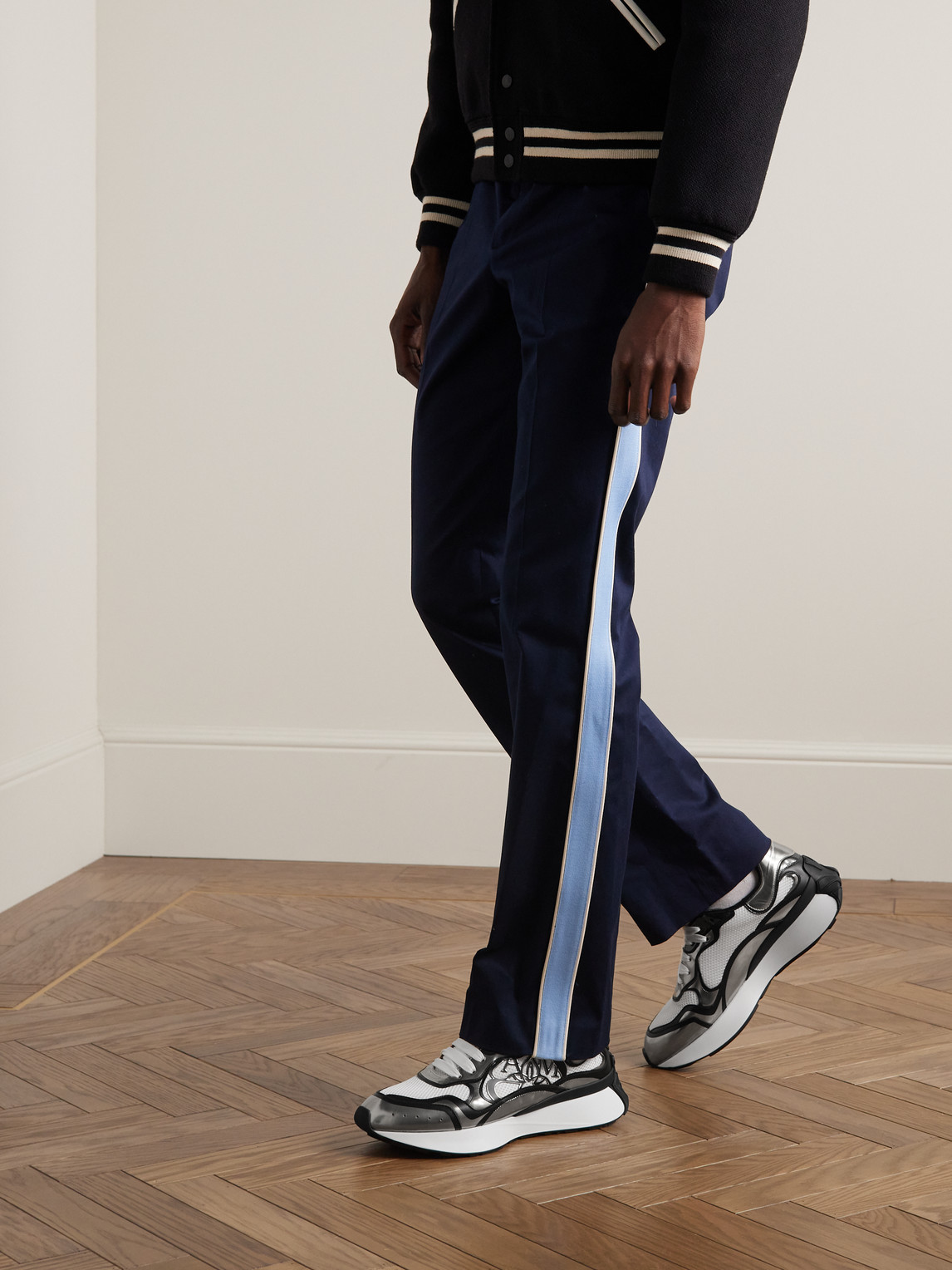 Shop Alexander Mcqueen Sprint Runner Exaggerated-sole Mesh And Leather Sneakers In White