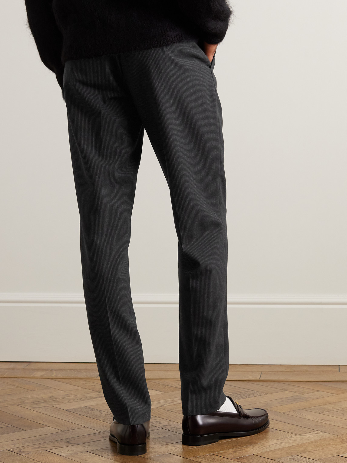 Celine Pinstriped Wool Trousers In Black