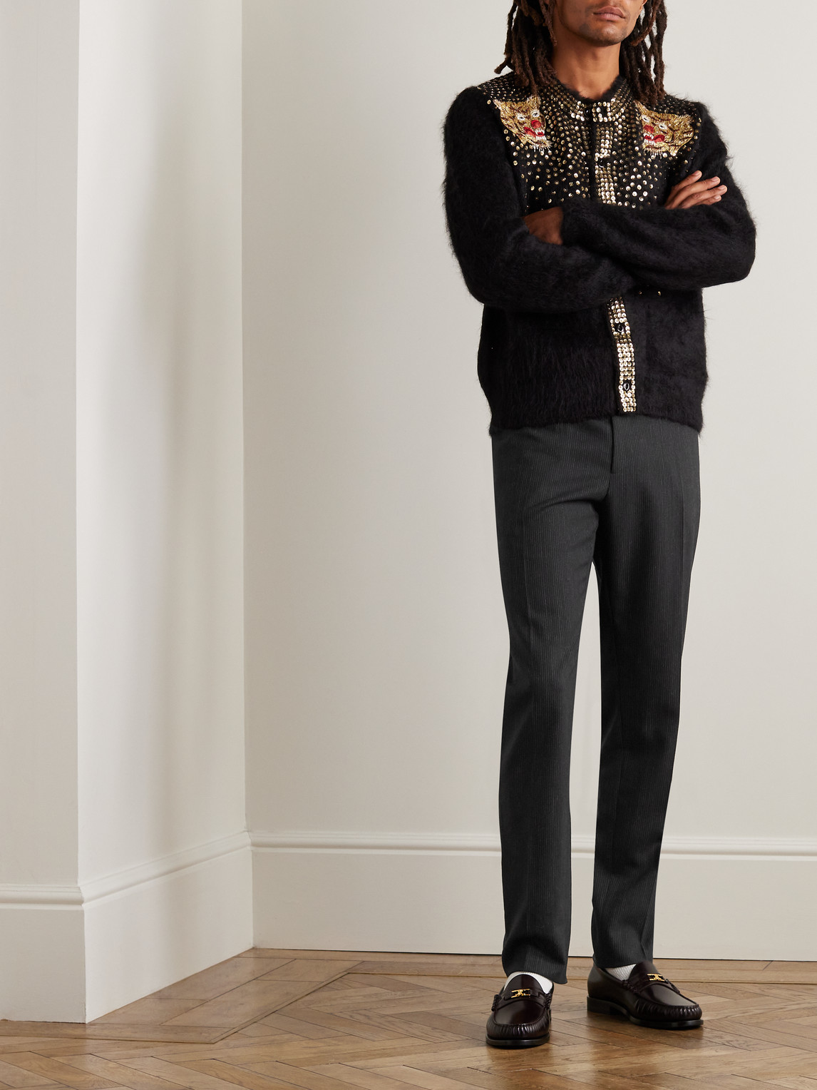 Celine Pinstriped Wool Trousers In Black