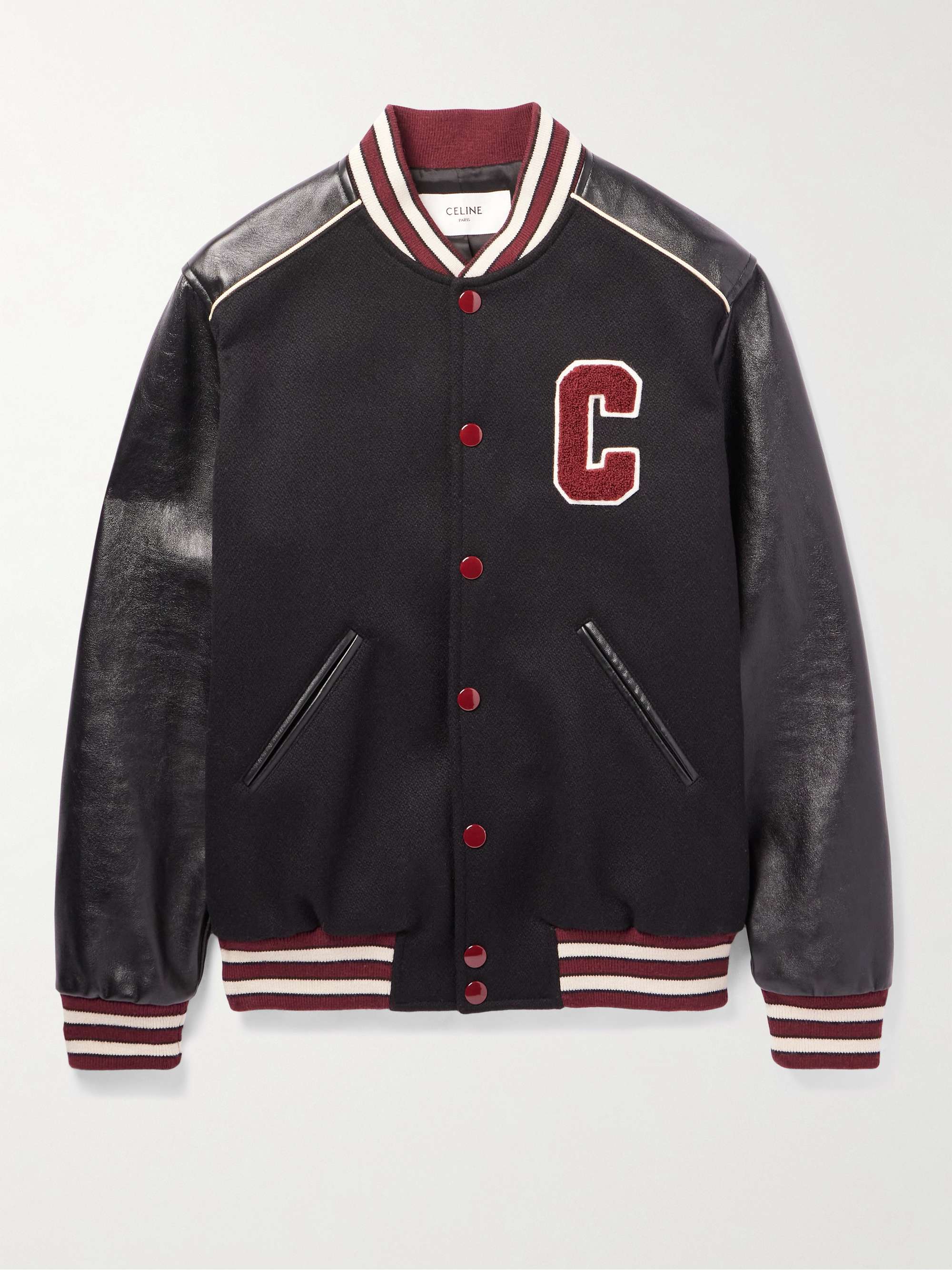 CELINE HOMME Teddy Logo-Appliquéd Wool-Blend and Leather Varsity Jacket ...