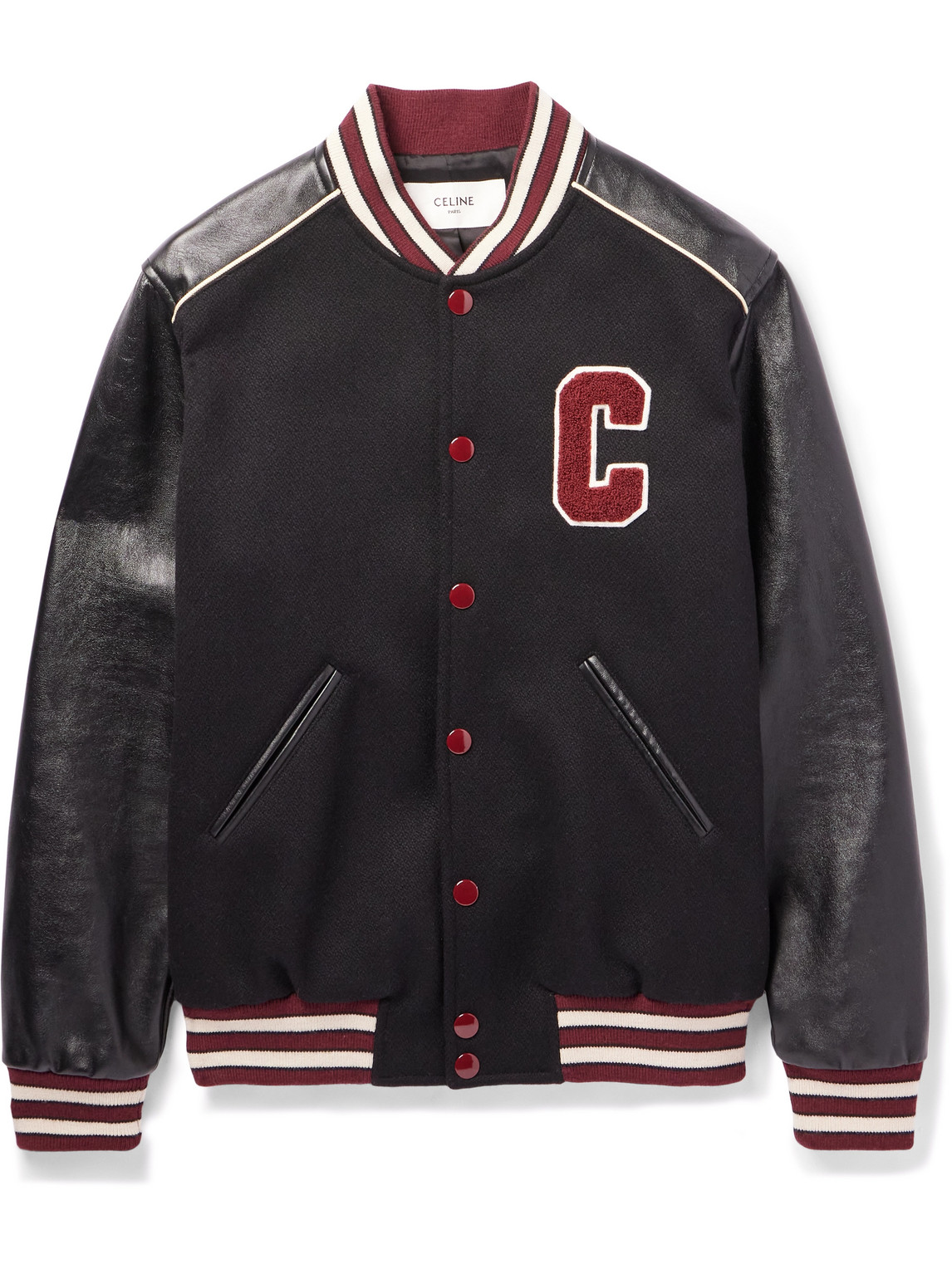 Celine Teddy Logo-appliquéd Wool-blend And Leather Varsity Jacket In Brown