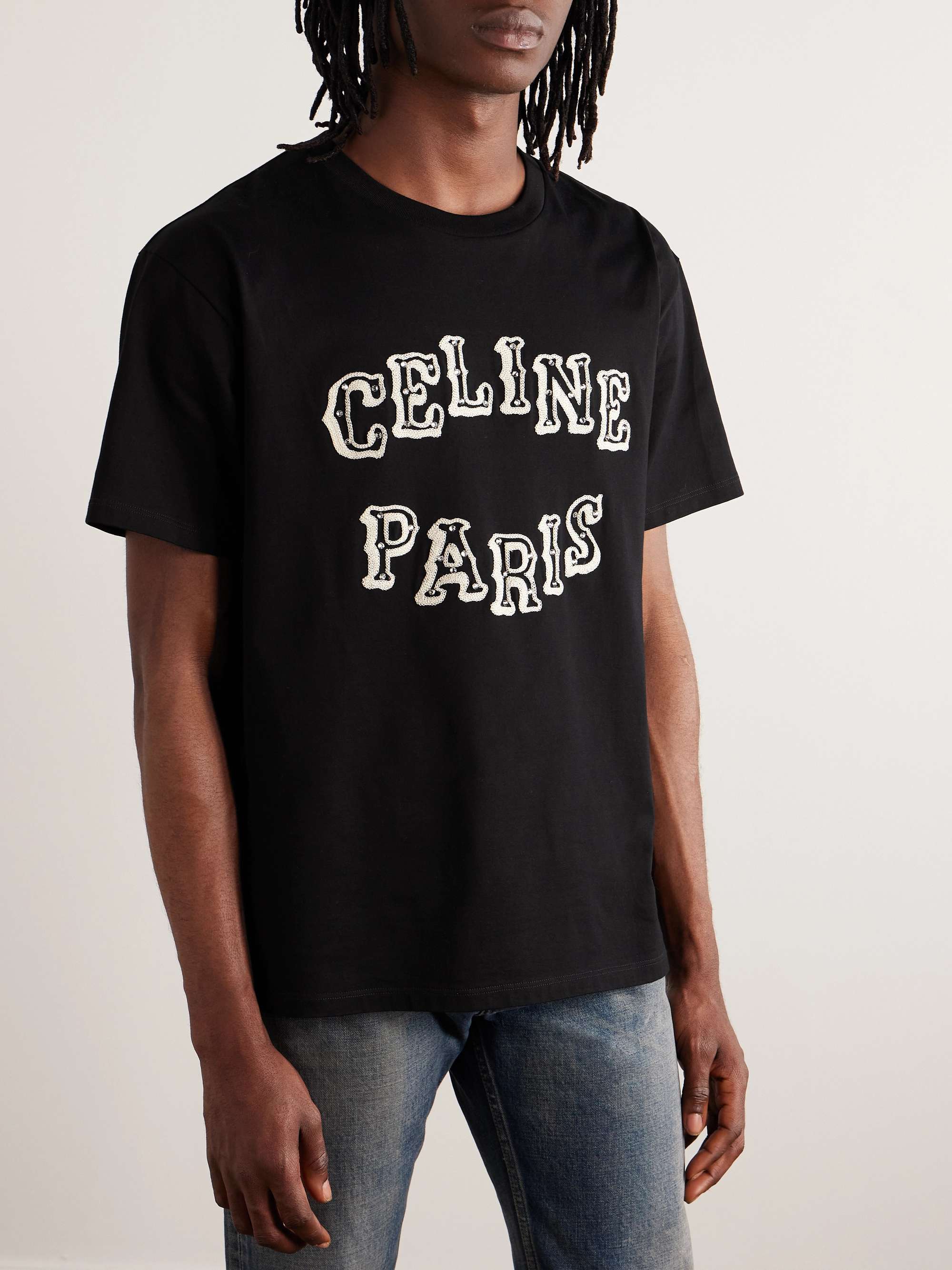 CELINE HOMME Embellished Logo-Embroidered Cotton-Jersey T-Shirt for Men ...