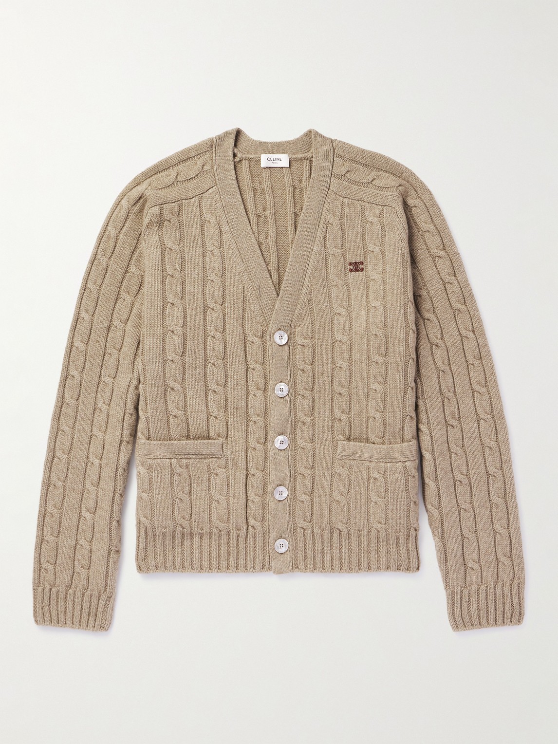 Triomphe Logo-Embroidered Suede-Trimmed Cable-Knit Cashmere Cardigan