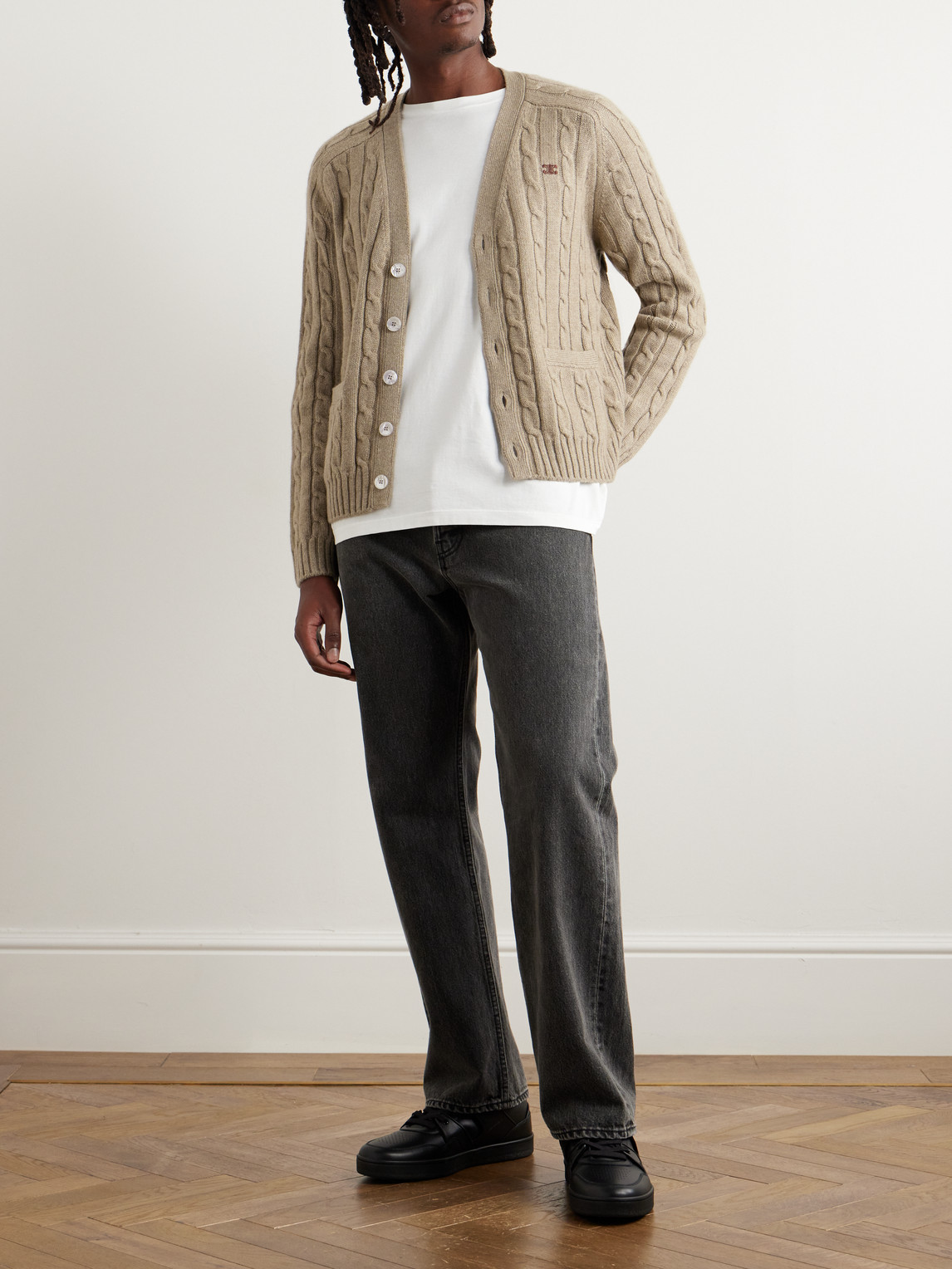 Triomphe Logo-Embroidered Suede-Trimmed Cable-Knit Cashmere Cardigan — 2