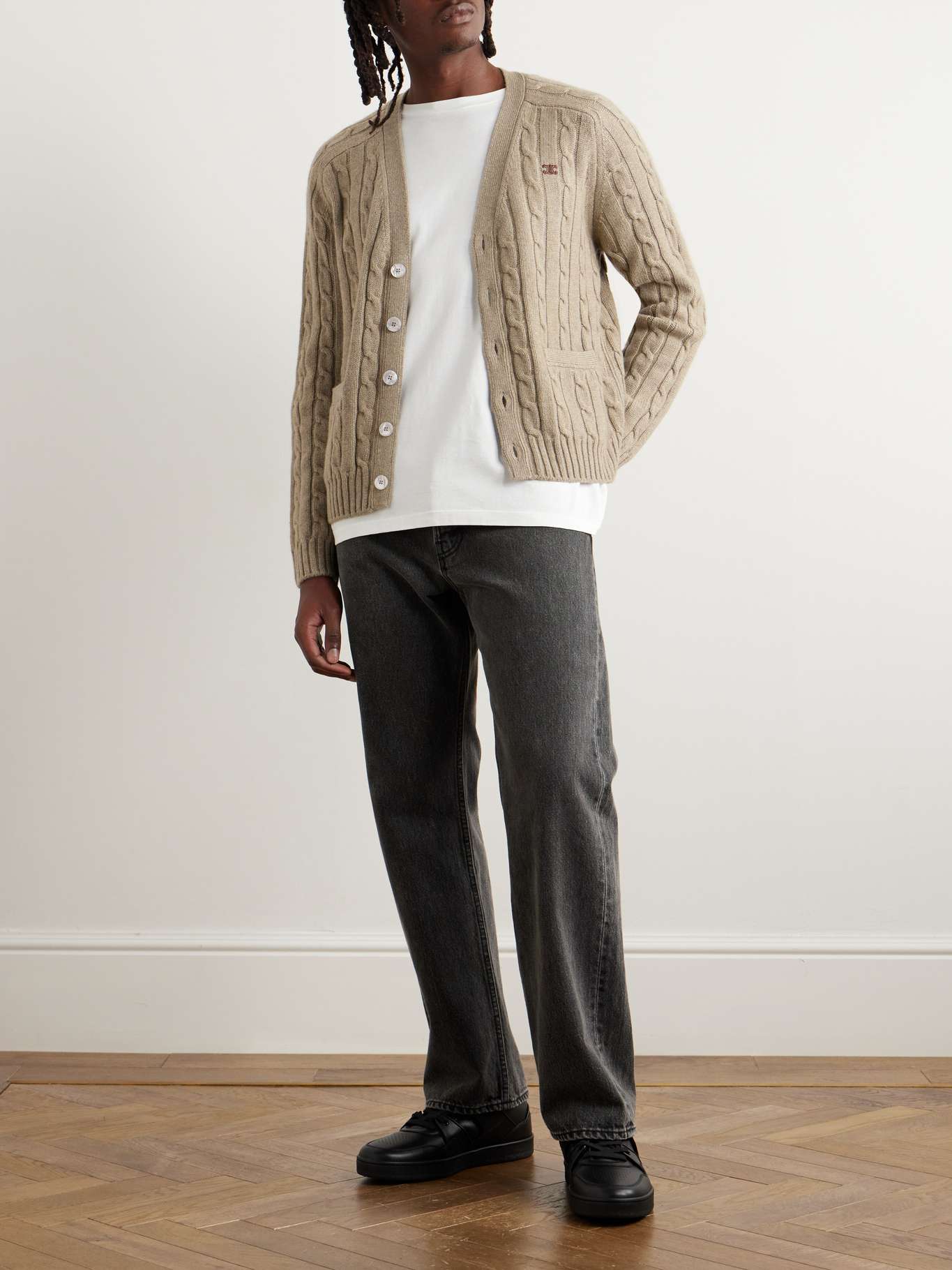 CELINE HOMME Triomphe Logo-Embroidered Suede-Trimmed Cable-Knit ...