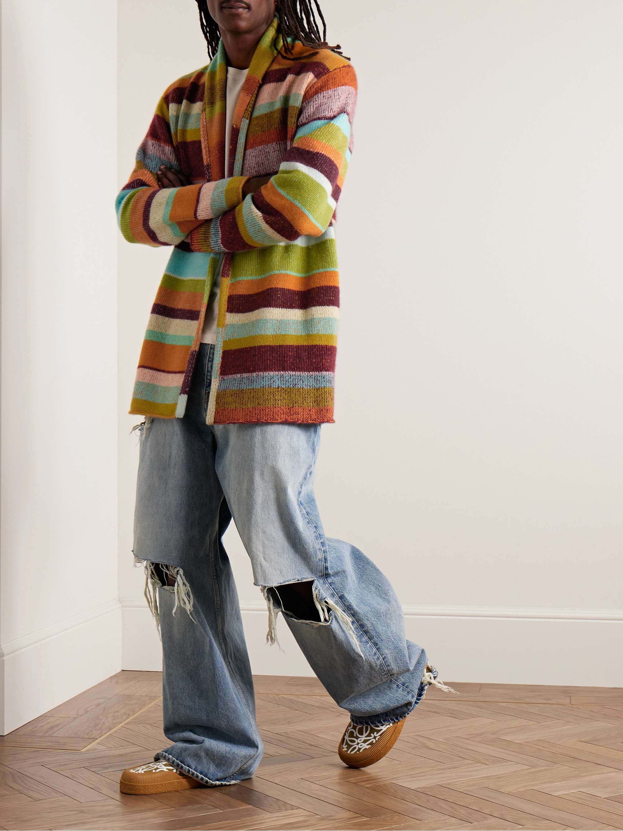 THE ELDER STATESMAN Shawl-Collar Striped Cashmere Cardigan