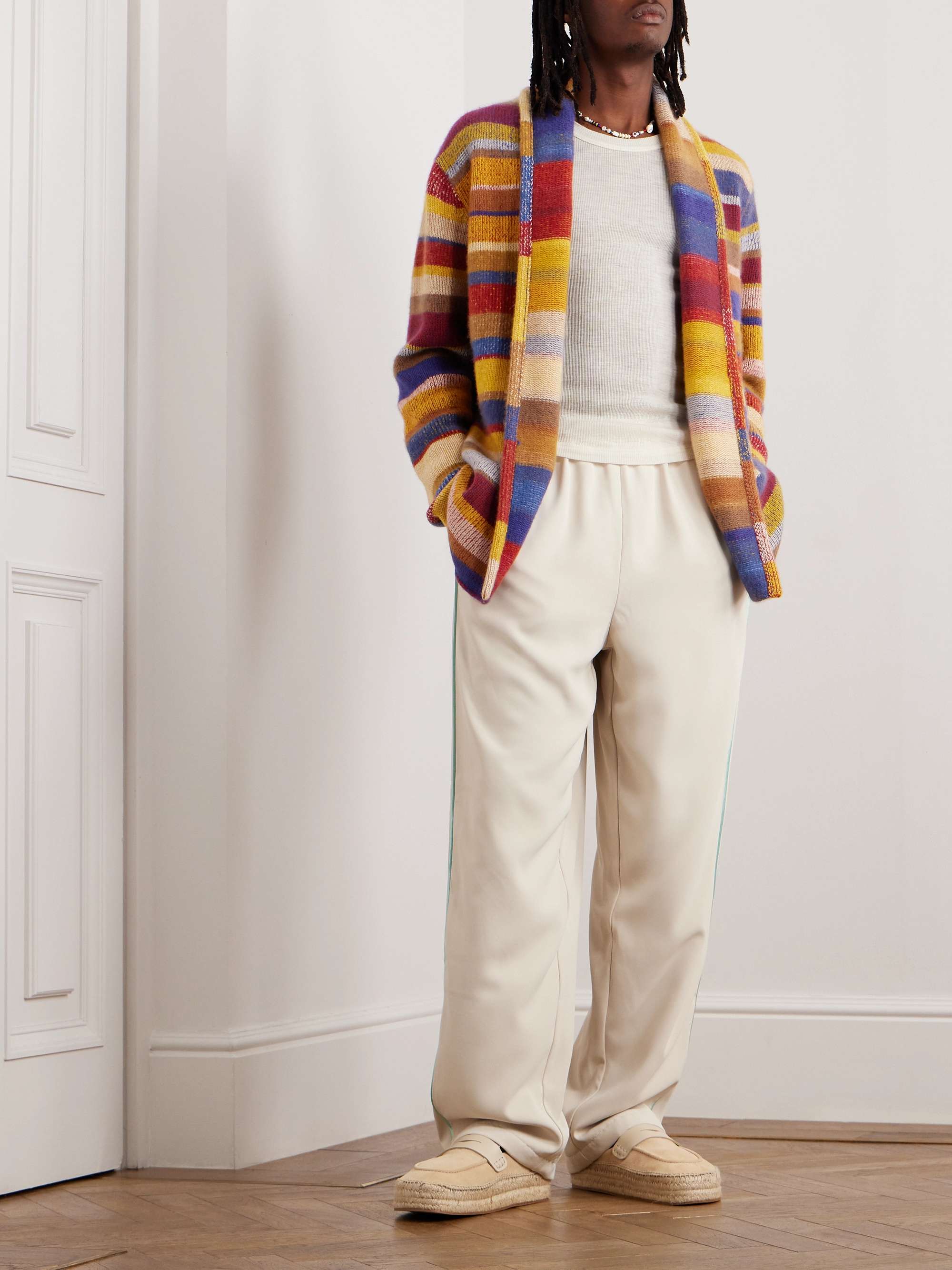 THE ELDER STATESMAN Shawl-Collar Striped Cashmere Cardigan