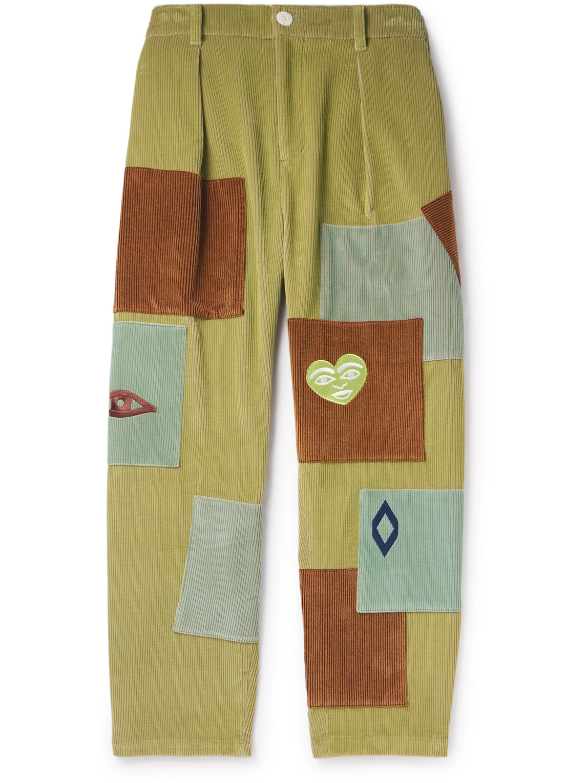 Straight-Leg Pleated Patchwork Cotton-Corduroy Trousers