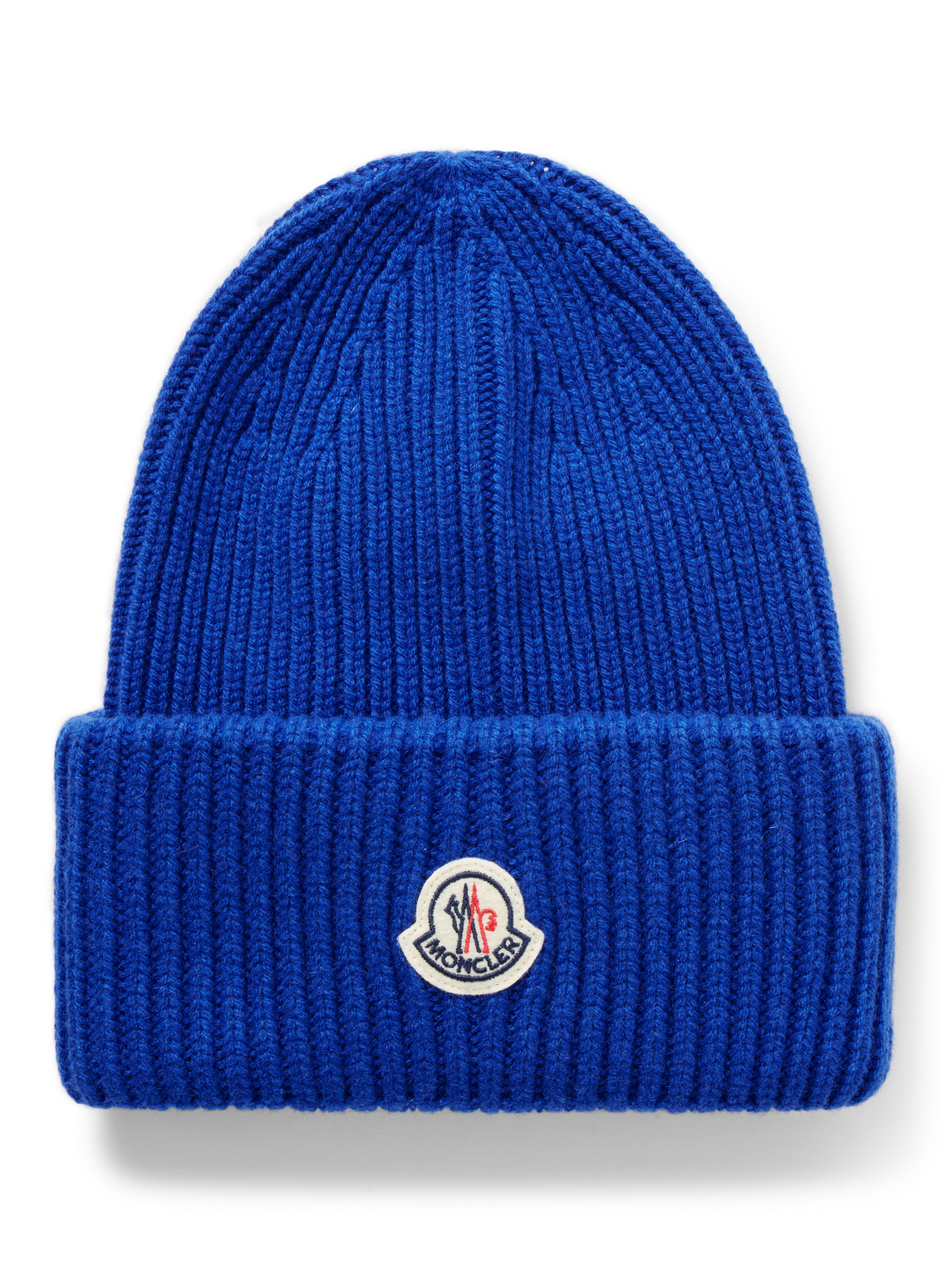 Shop Moncler Logo-appliquéd Ribbed Virgin Wool And Cashmere-blend Beanie In Blue