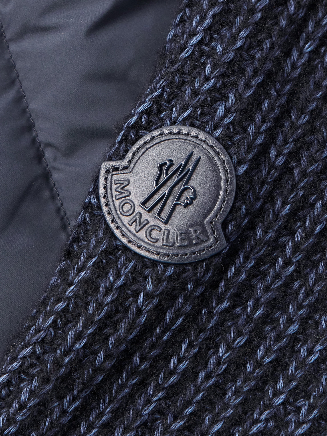 Shop Moncler Leather-trimmed Quilted Shell And Ribbed Cotton And Wool-blend Down Jacket In Blue