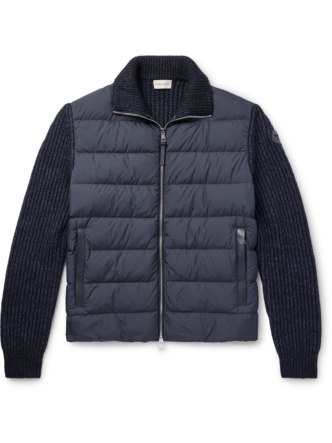 Moncler Leather-trimmed Quilted Shell And Ribbed Cotton And Wool-blend Down Jacket In Blue