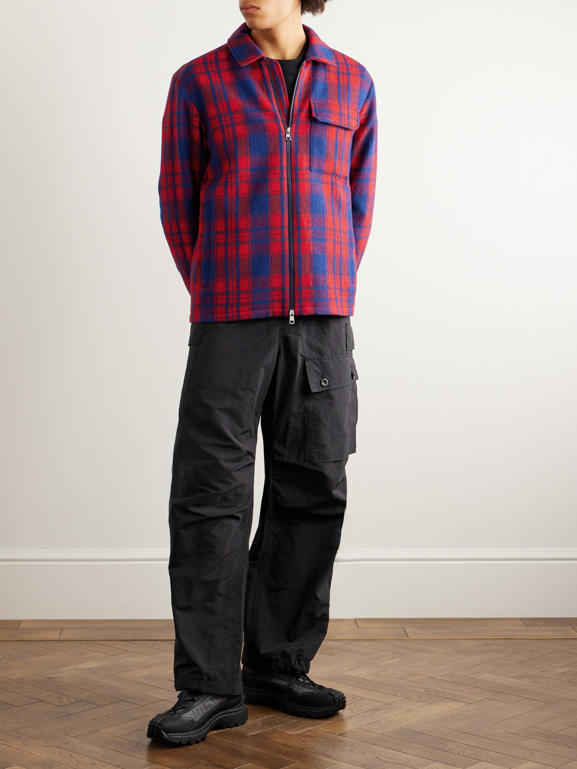 Shop Moncler Checked Wool Zip-up Overshirt In Red