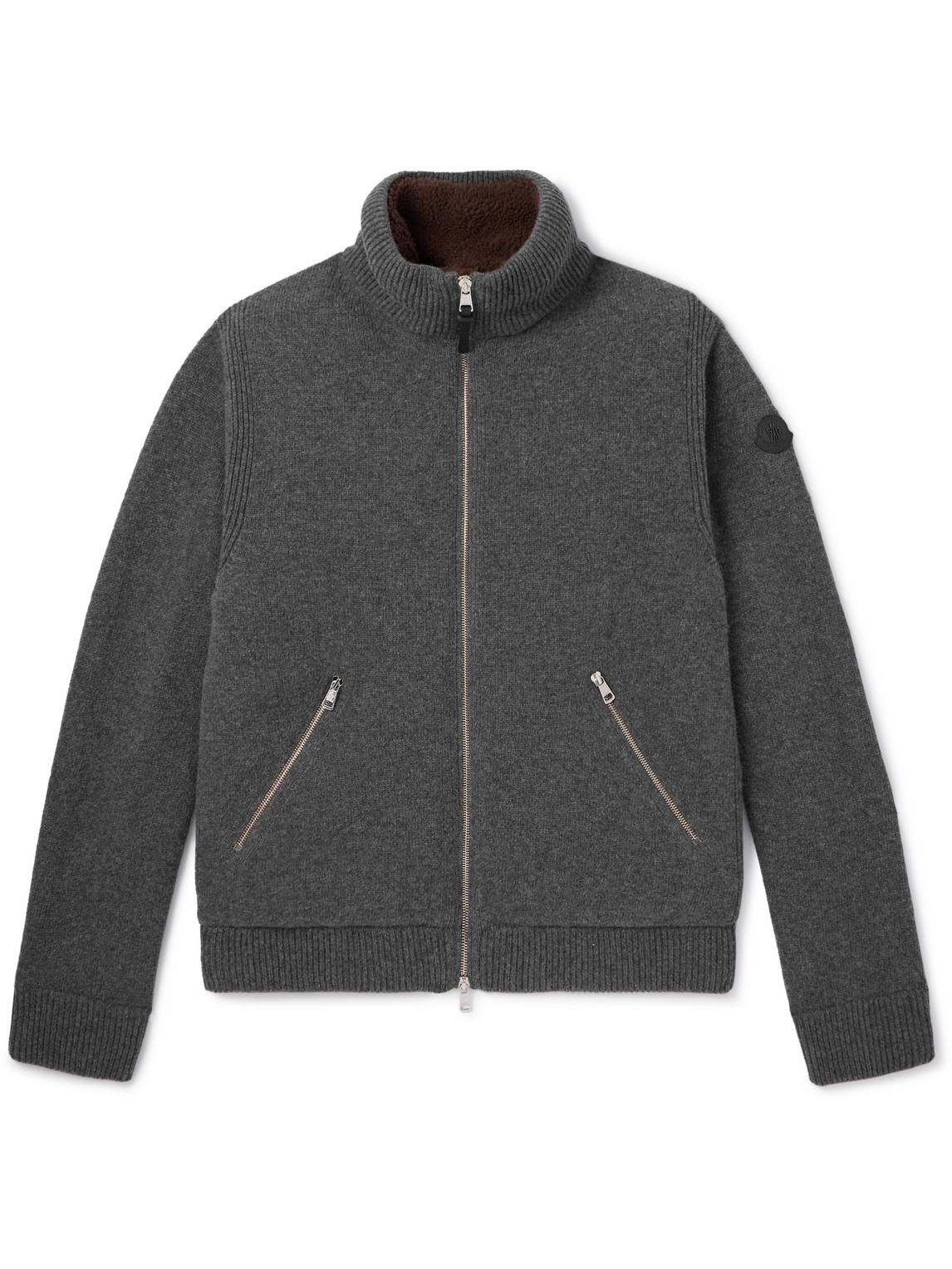 Moncler Slim-fit Logo-appliquéd Shearling-trimmed Wool Down Zip-up Cardigan In Gray