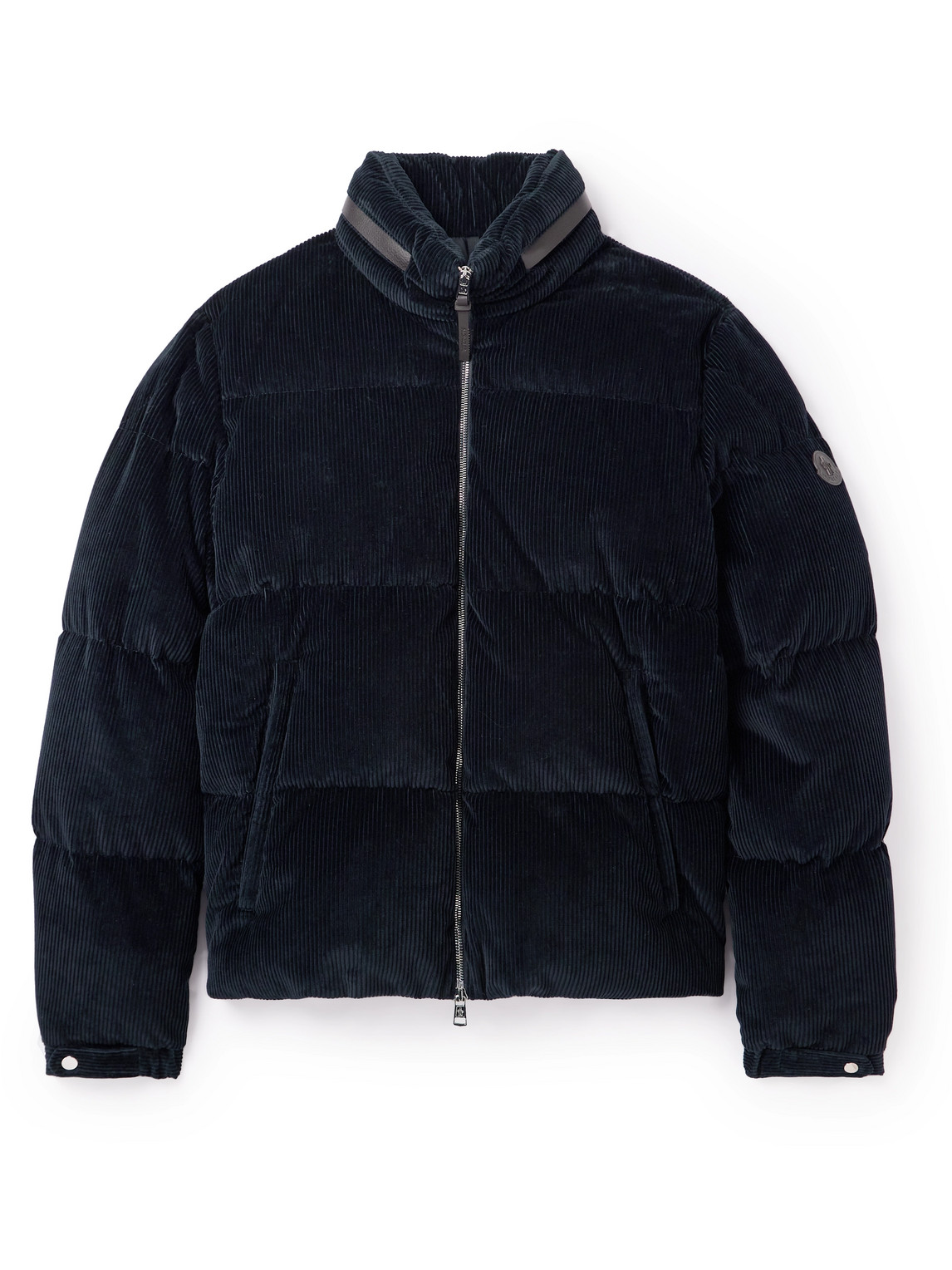 Moncler Logo-appliquéd Leather-trimmed Quilted Cotton-corduroy Down Jacket In Blue