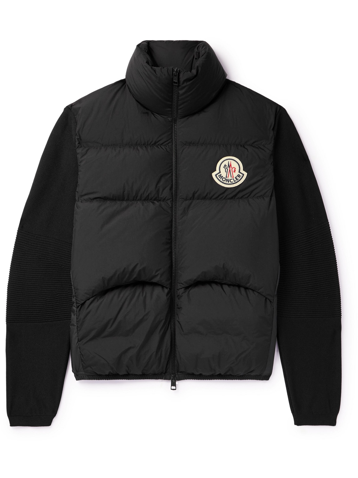 Moncler Slim-fit Logo-appliquéd Ribbed-knit And Quilted Shell Down Zip-up Cardigan In Black