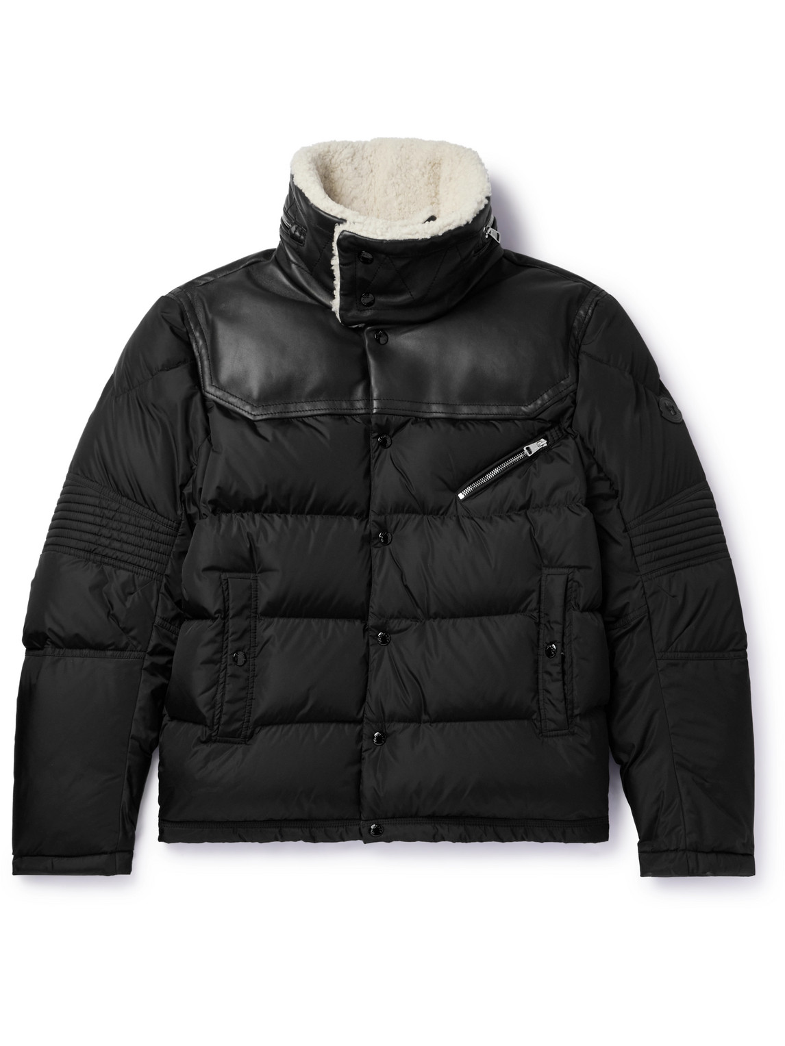 Moncler Leo Logo-appliquéd Shearling And Leather-trimmed Quilted Shell Down Jacket In Black