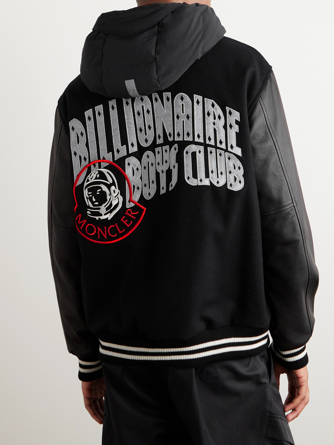 Shop Moncler Genius Billionare Boys Club Leather-trimmed Logo-appliquéd Embroidered Wool-blend Hooded Bomber Jacket In Black