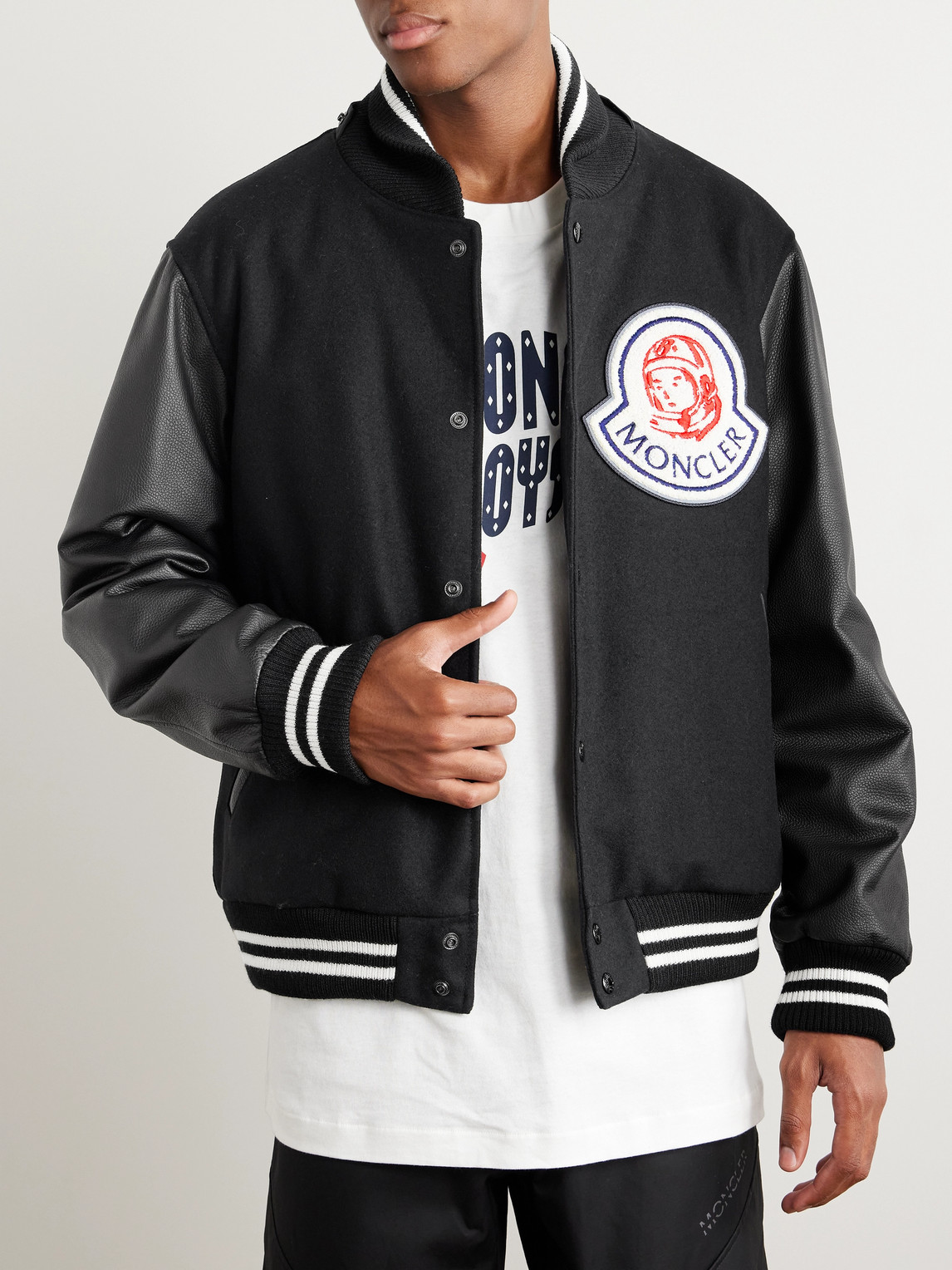 Shop Moncler Genius Billionare Boys Club Leather-trimmed Logo-appliquéd Embroidered Wool-blend Hooded Bomber Jacket In Black