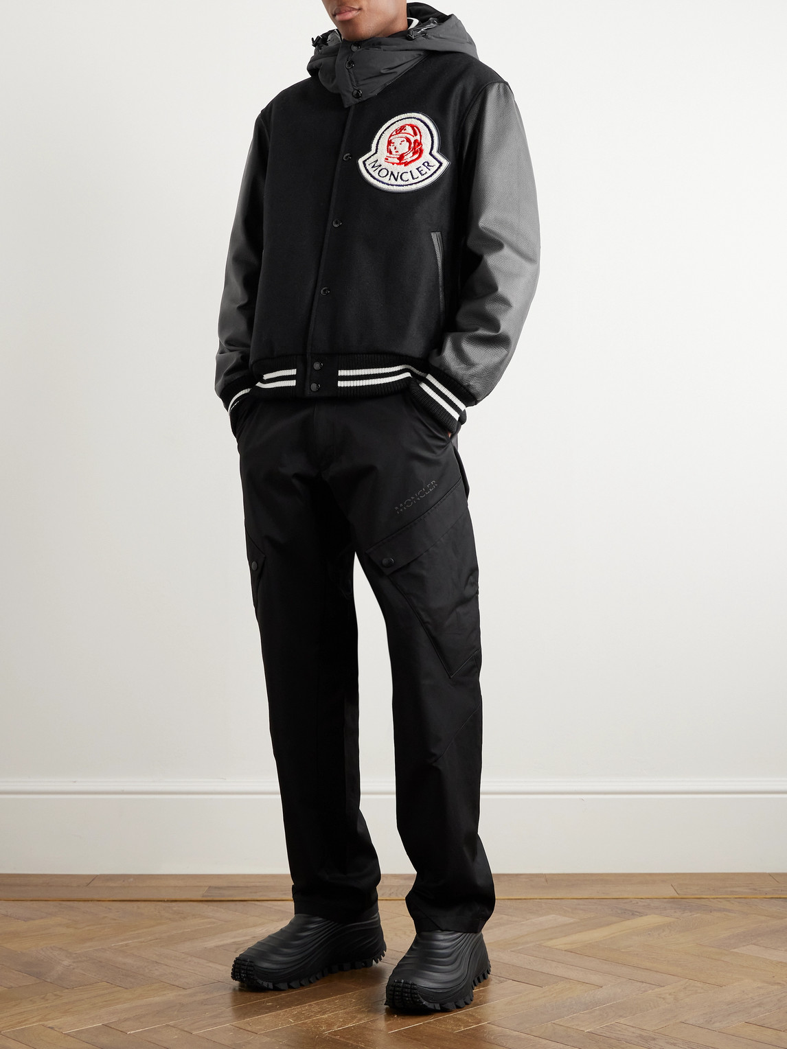 Shop Moncler Genius Billionare Boys Club Leather-trimmed Logo-appliquéd Embroidered Wool-blend Hooded Bomber Jacket In Black