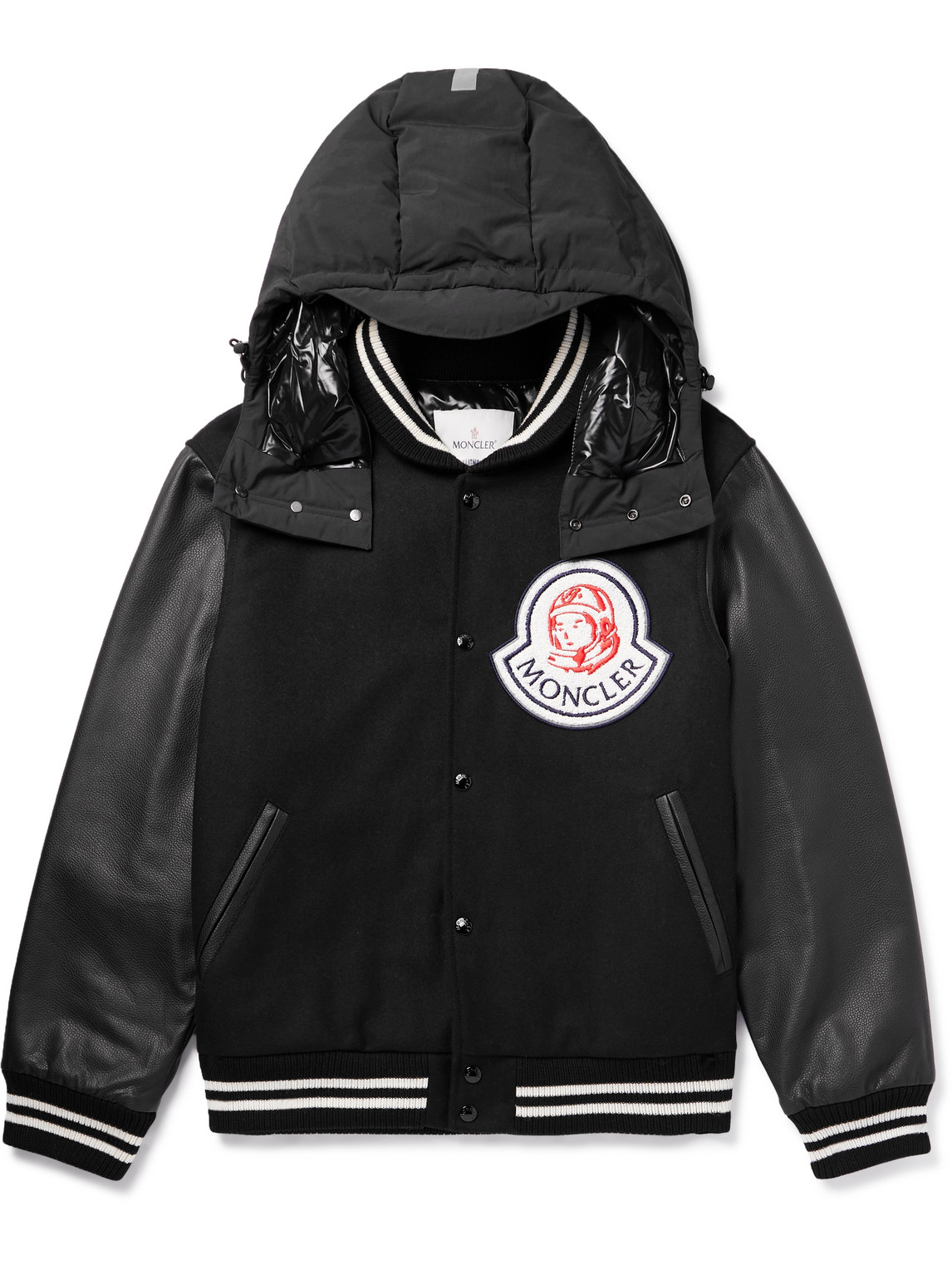 MONCLER GENIUS BILLIONARE BOYS CLUB LEATHER-TRIMMED LOGO-APPLIQUÉD EMBROIDERED WOOL-BLEND HOODED BOMBER JACKET 