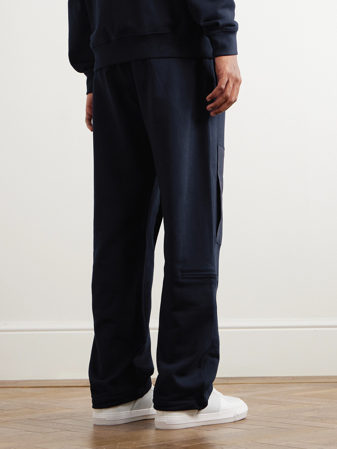 Shop Moncler Genius Billionaire Boys Club Straight-leg Shell-trimmed Cotton-jersey Sweatpants In Blue