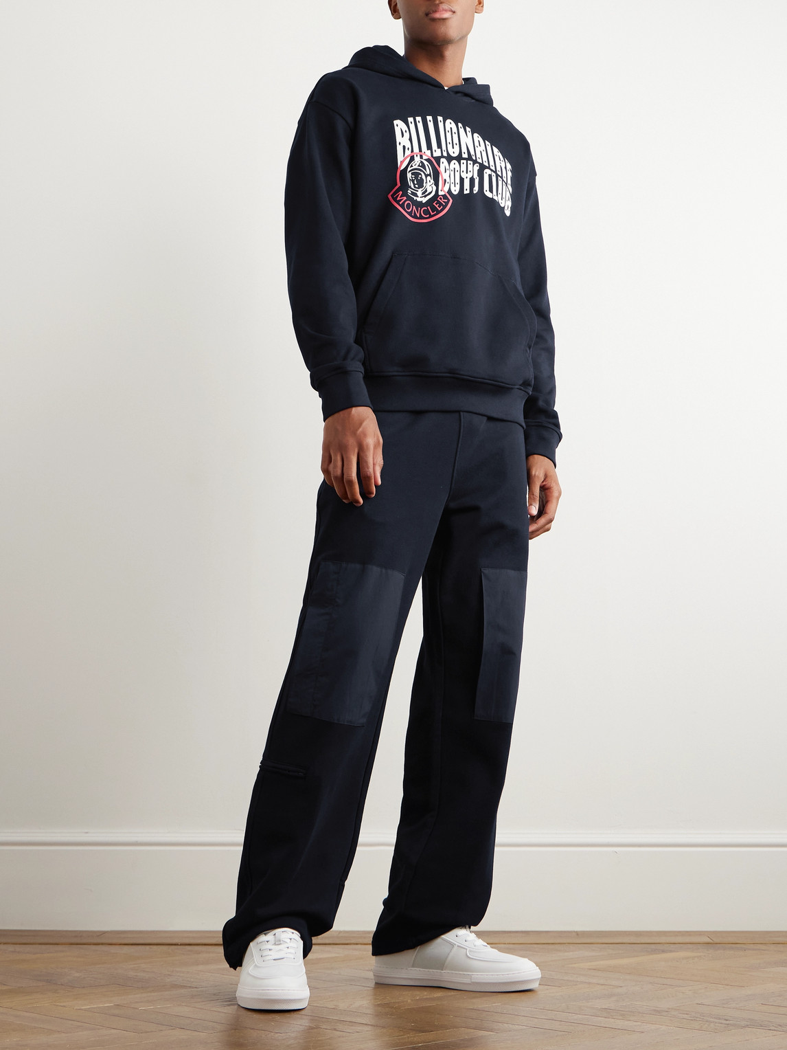 Shop Moncler Genius Billionaire Boys Club Straight-leg Shell-trimmed Cotton-jersey Sweatpants In Blue