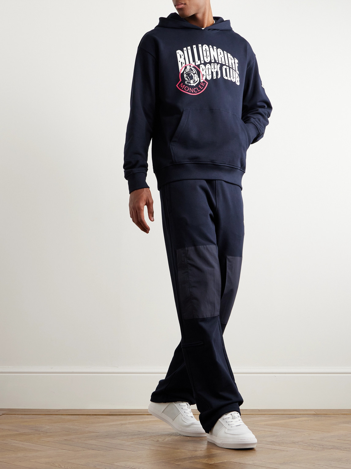 Shop Moncler Genius Billionaire Boys Club Logo-print Appliquéd Cotton-jersey Hoodie In Blue