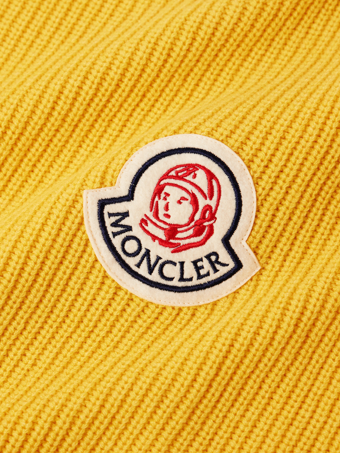 Shop Moncler Genius Billionaire Boys Club Logo-appliquéd Ribbed Wool And Cashmere-blend Sweater In Yellow