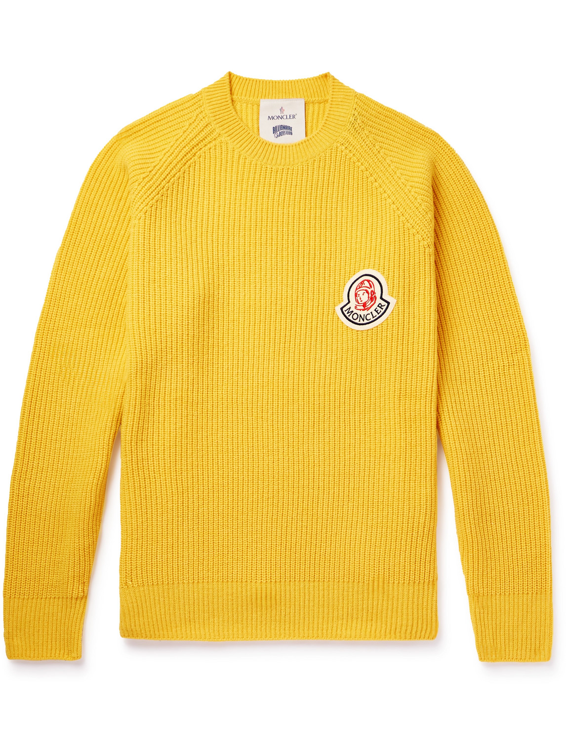 Shop Moncler Genius Billionaire Boys Club Logo-appliquéd Ribbed Wool And Cashmere-blend Sweater In Yellow