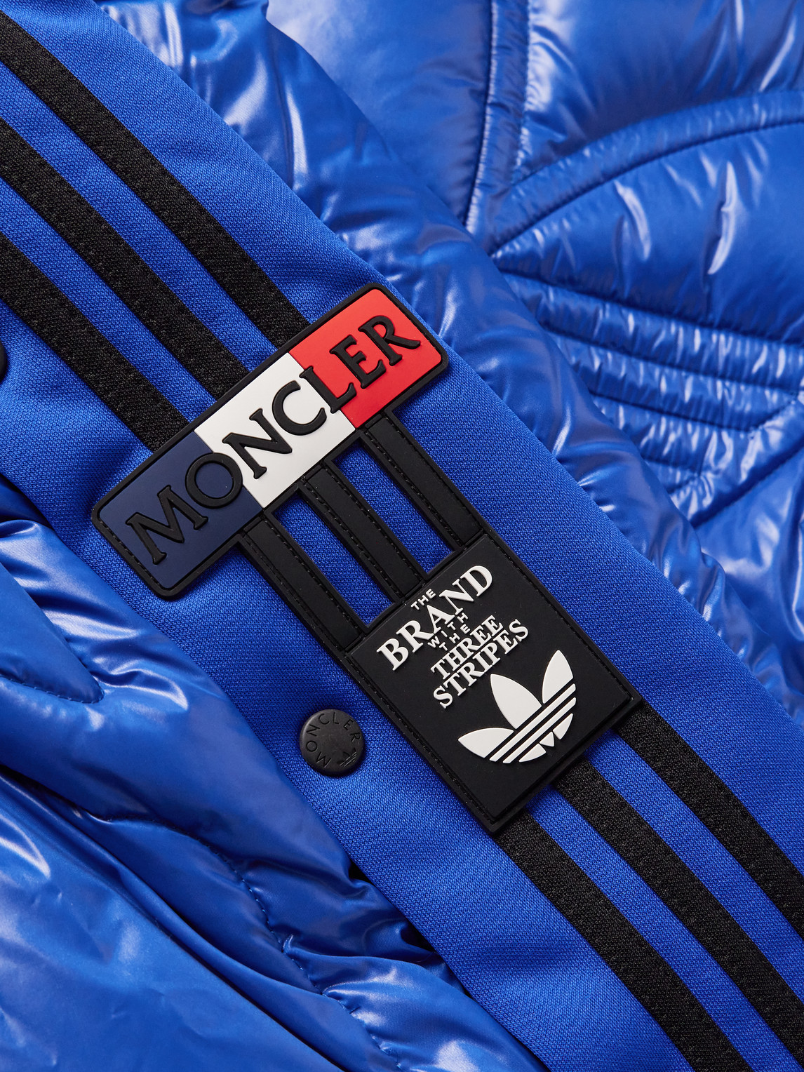 Shop Moncler Genius Adidas Originals Chambery Canvas-trimmed Quilted Glossed-shell Hooded Down Jacket In Blue