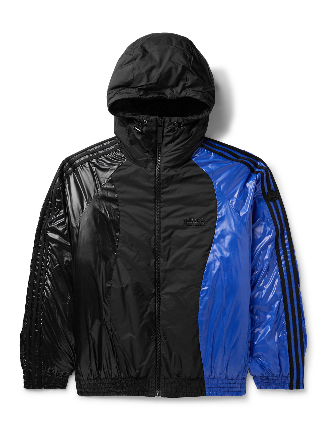 Moncler Genius Adidas Originals Balzers Logo-appliquéd Striped Panelled Shell Hooded Down Jacket In Blue