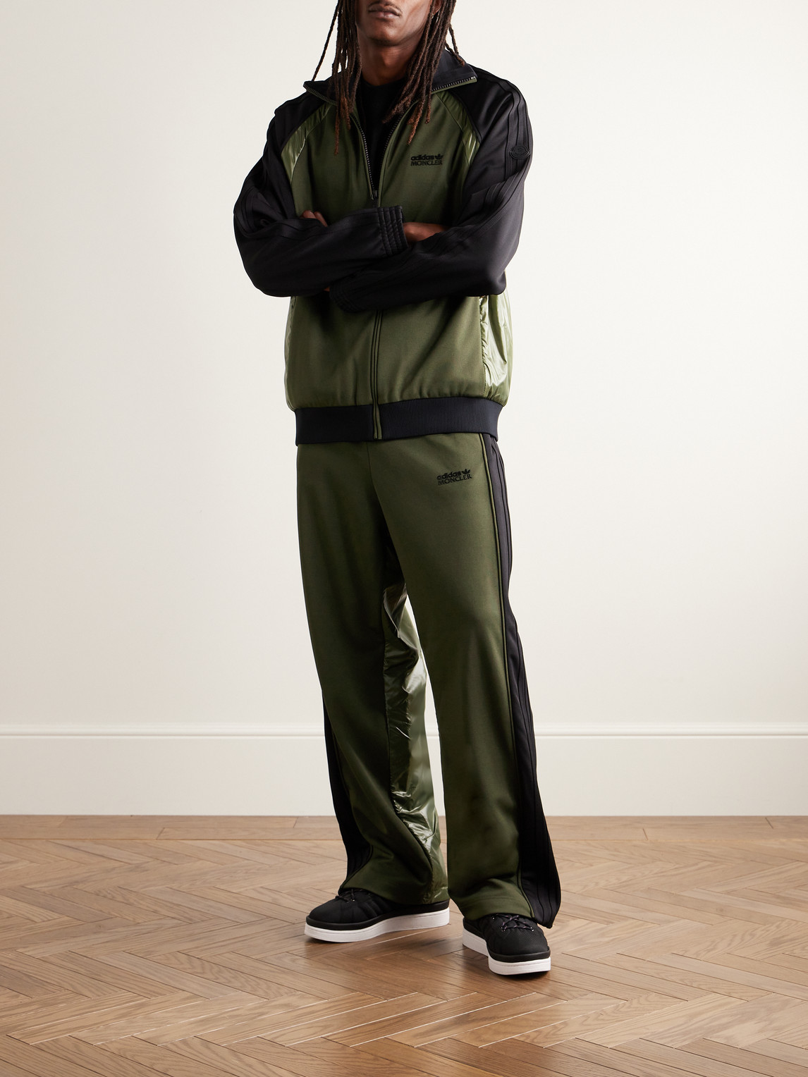 Shop Moncler Genius Adidas Originals Straight-leg Striped Tech-jersey And Shell Sweatpants In Green