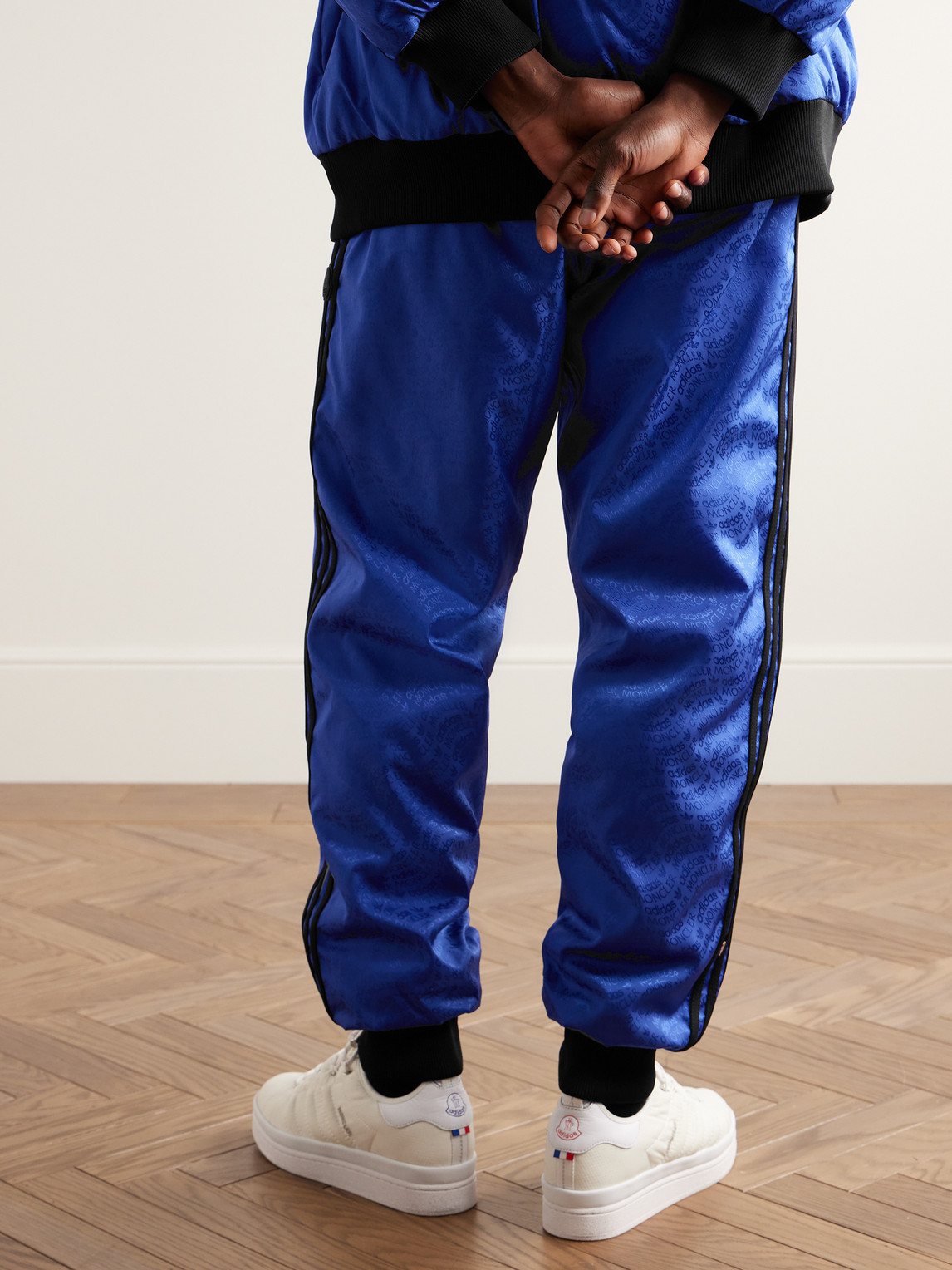 Shop Moncler Genius Adidas Originals Straight-leg Reversible Logo-jacquard Shell Down Sweatpants In Blue