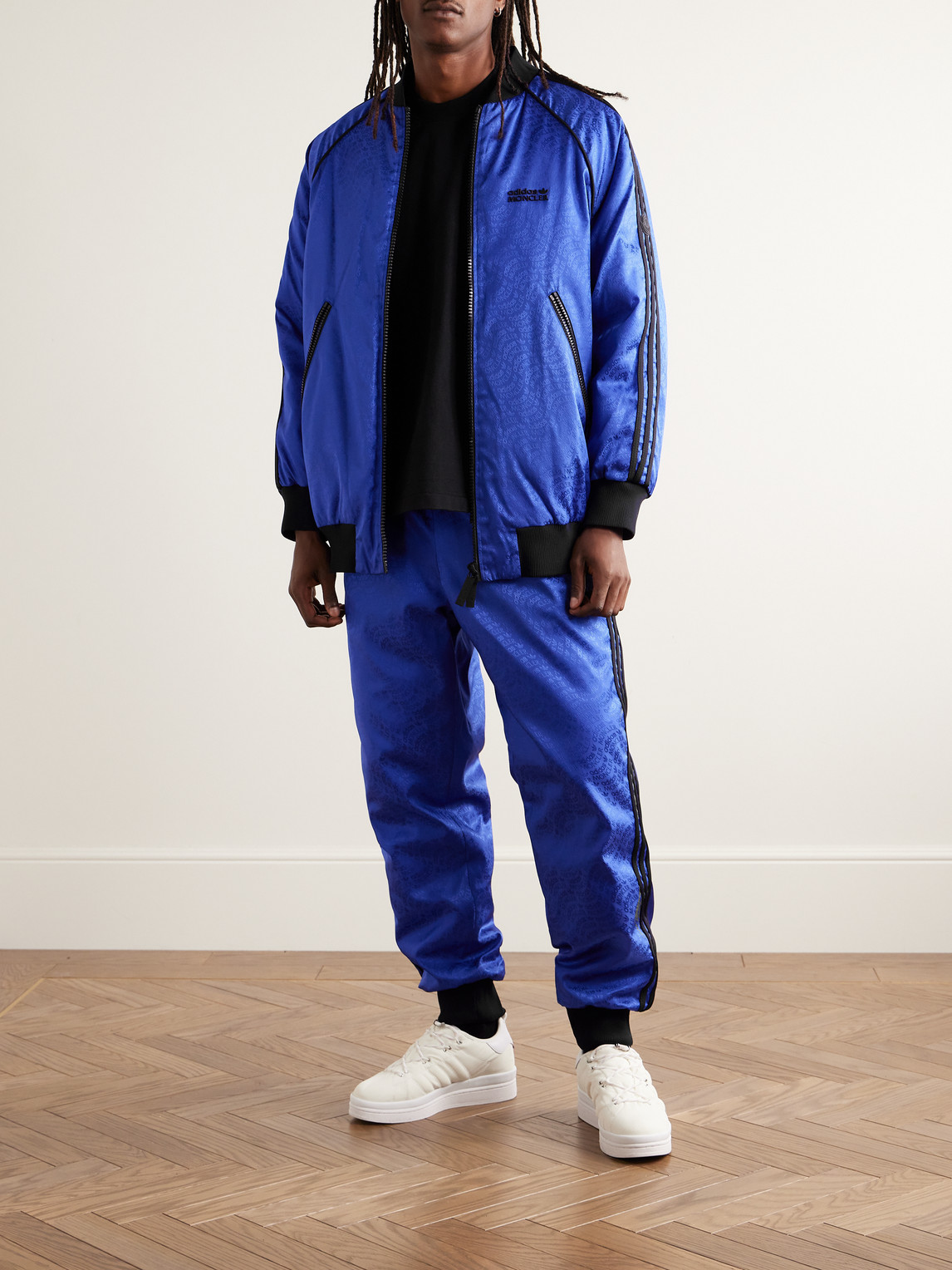 Shop Moncler Genius Adidas Originals Straight-leg Reversible Logo-jacquard Shell Down Sweatpants In Blue