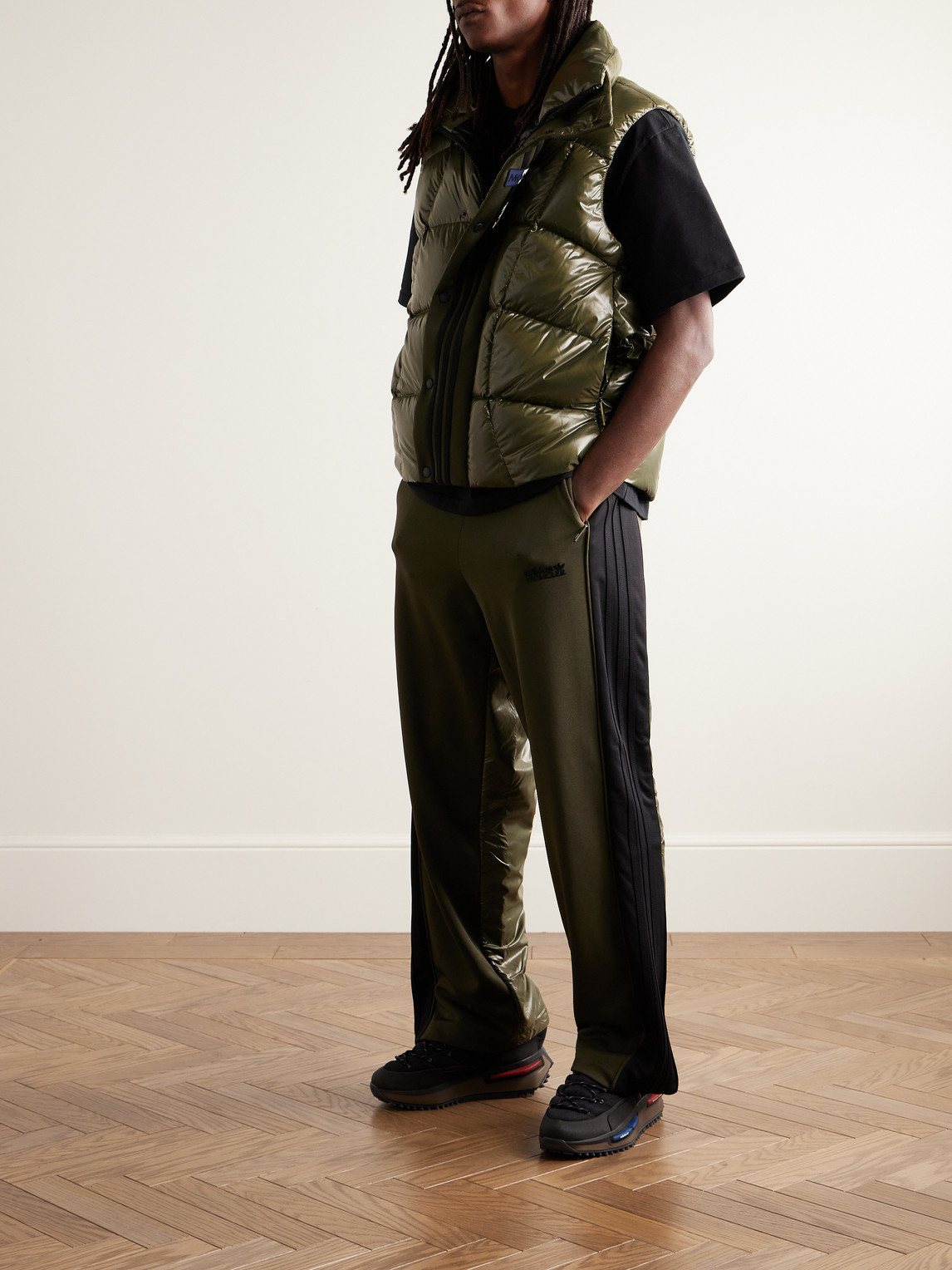 Shop Moncler Genius Adidas Originals Bozon Tech Jersey-trimmed Quilted Glossed-shell Down Gilet In Green