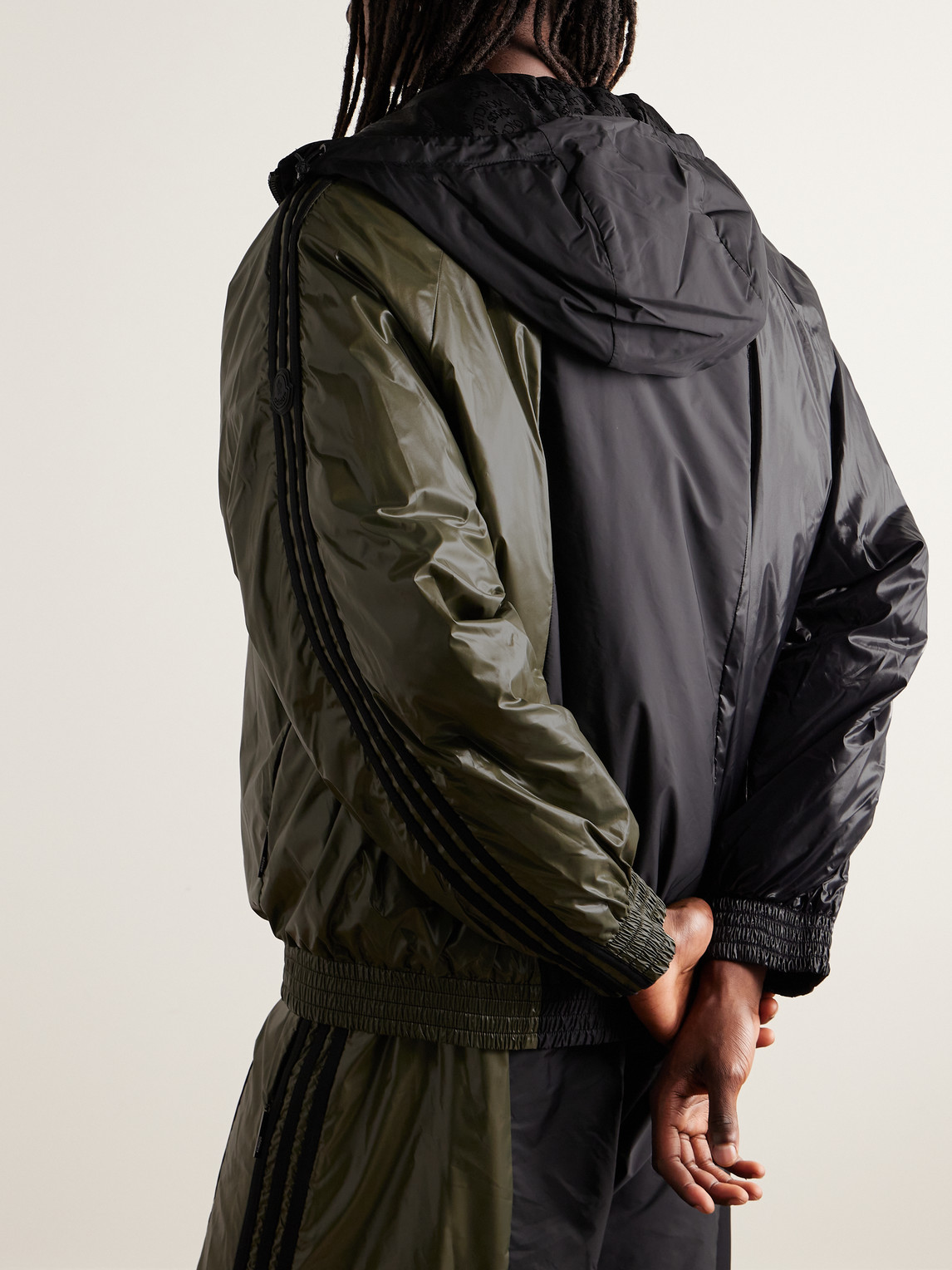 Shop Moncler Genius Adidas Originals Balzers Logo-appliquéd Striped Panelled Shell Hooded Down Jacket In Green