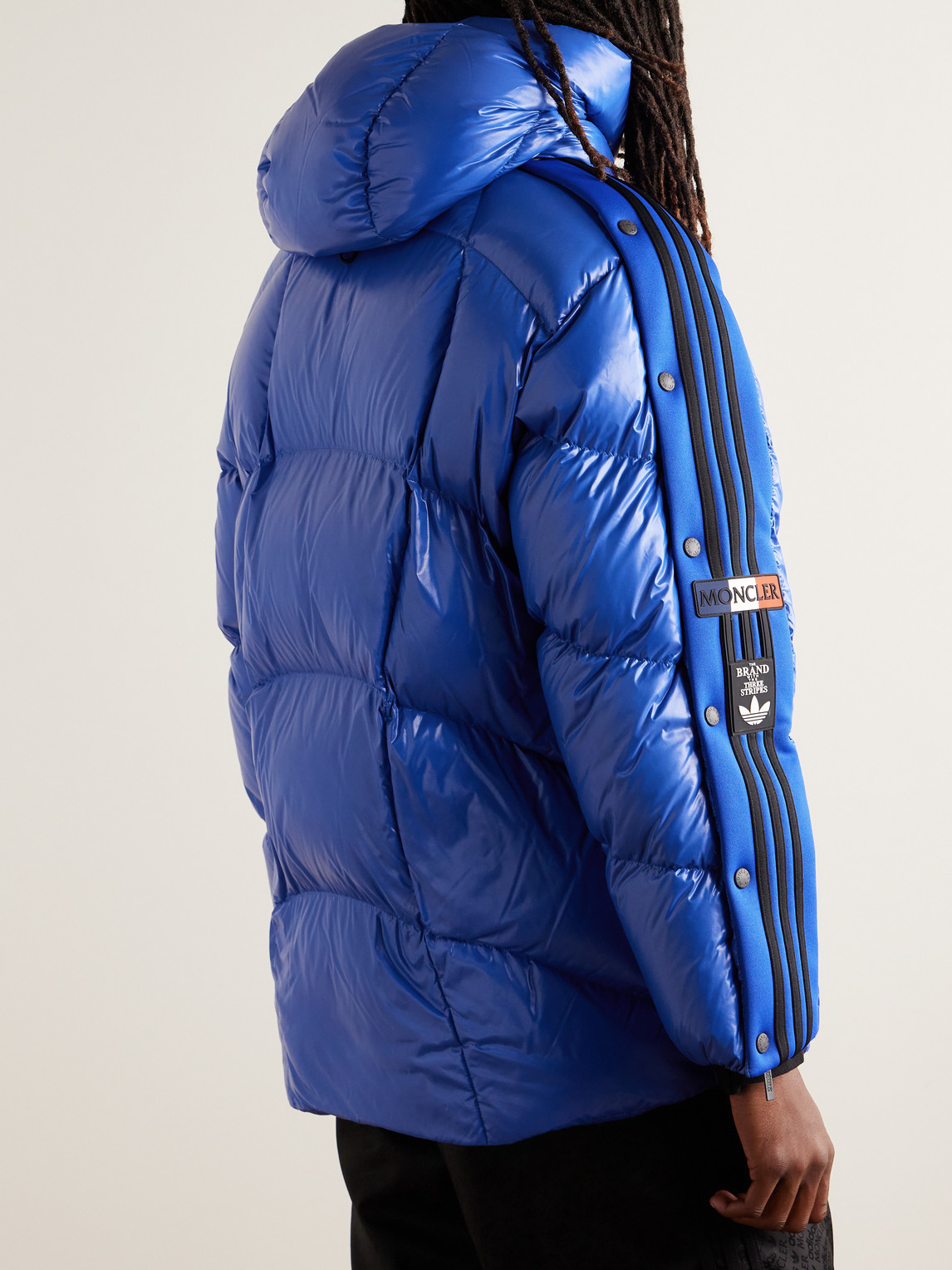 Shop Moncler Genius Adidas Originals Beiser Tech Jersey-trimmed Quilted Glossed-shell Hooded Down Jacket In Blue