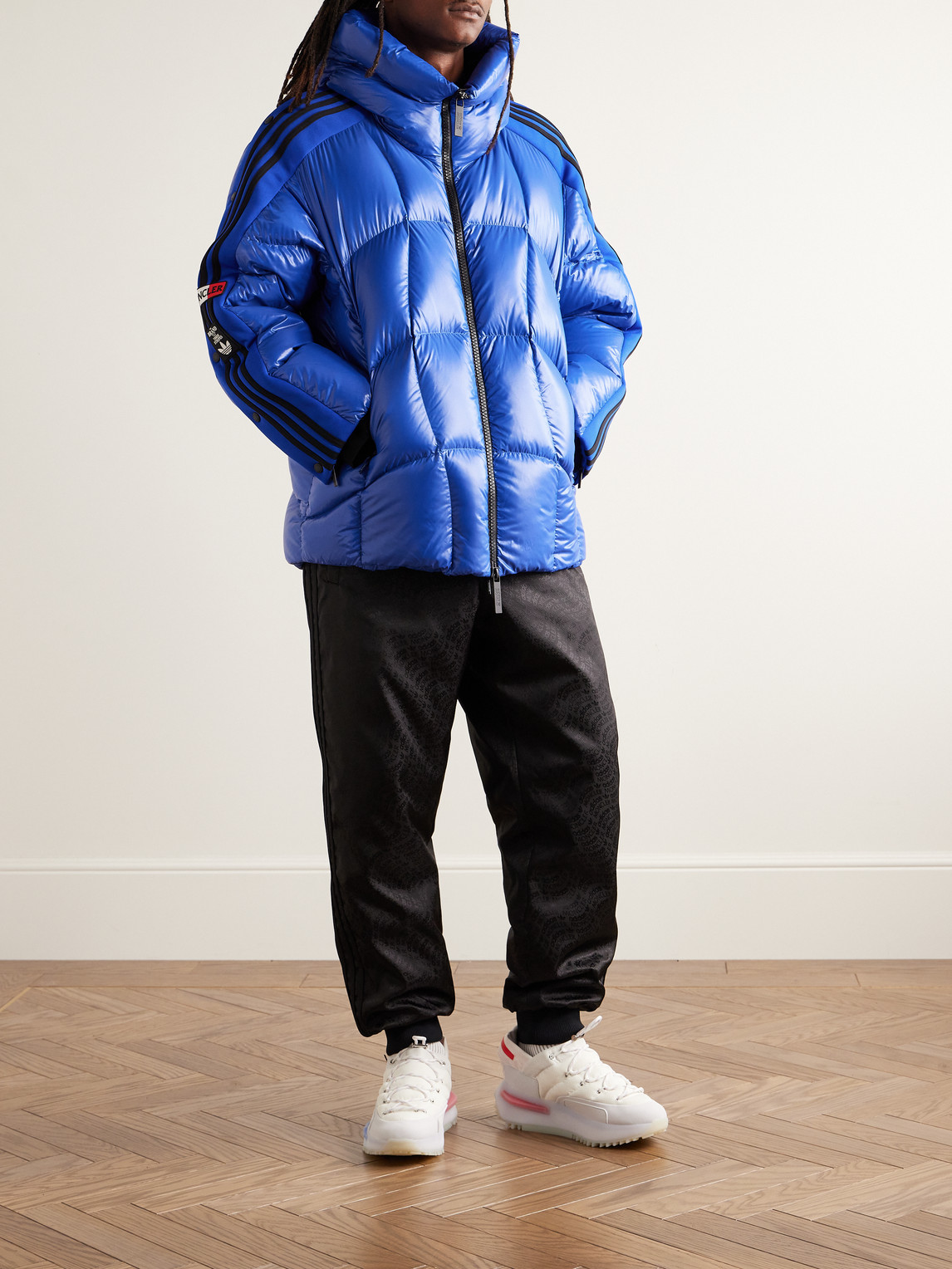 Shop Moncler Genius Adidas Originals Beiser Tech Jersey-trimmed Quilted Glossed-shell Hooded Down Jacket In Blue