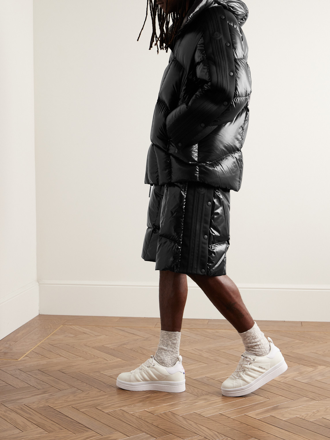 Shop Moncler Genius Adidas Originals Straight-leg Tech Jersey-trimmed Quilted Glossed-shell Down Shorts In Black