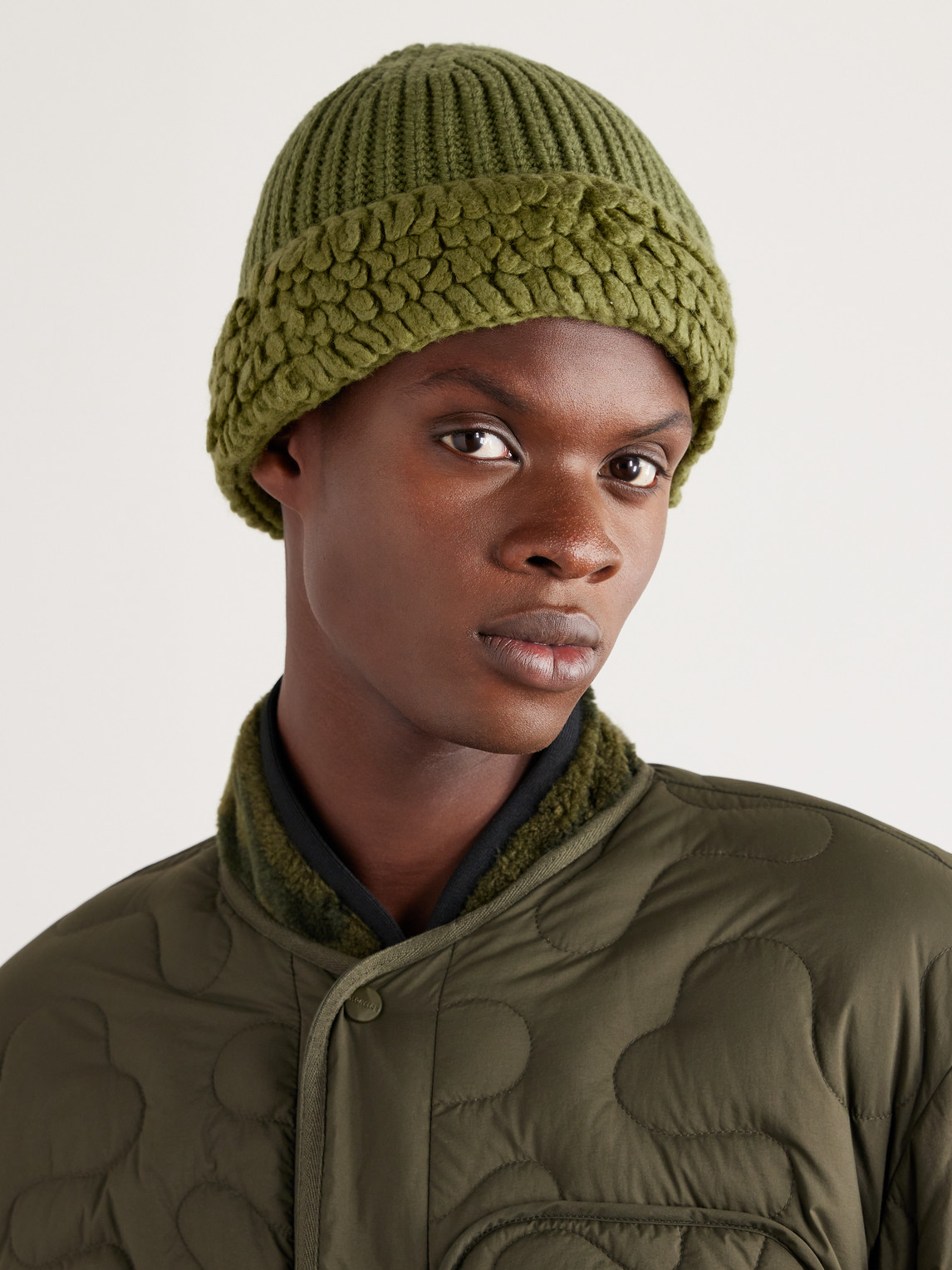 Shop Moncler Genius Salehe Bembury Fringed Ribbed Wool Beanie In Green