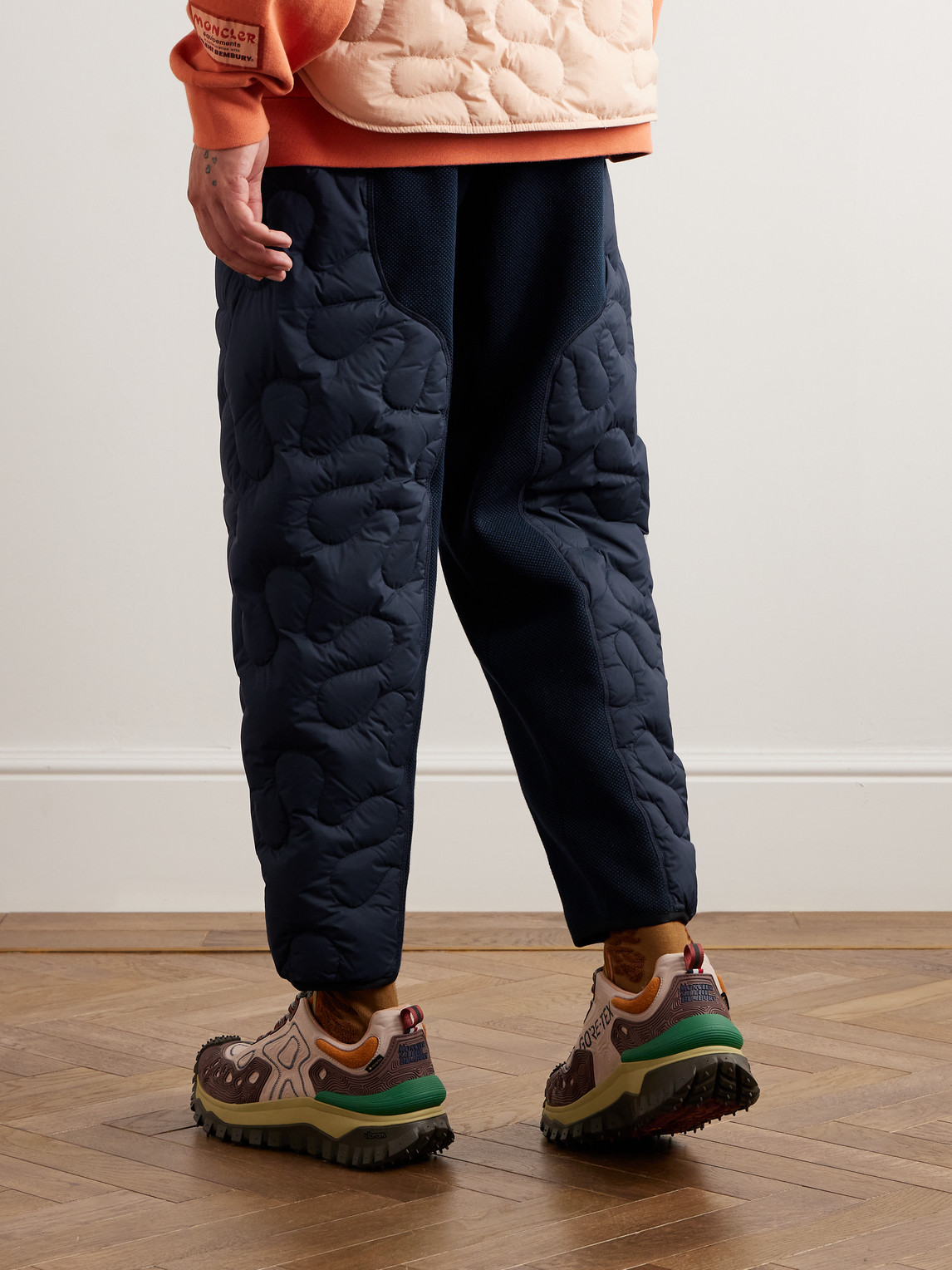 Shop Moncler Genius Salehe Bembury Cropped Tapered Padded Shell And Cotton-jersey Sweatpants In Blue