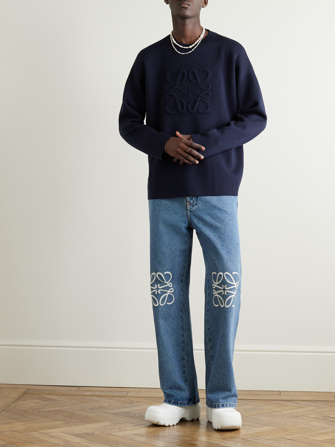 Shop Loewe Logo-debossed Wool-blend Sweater In Blue
