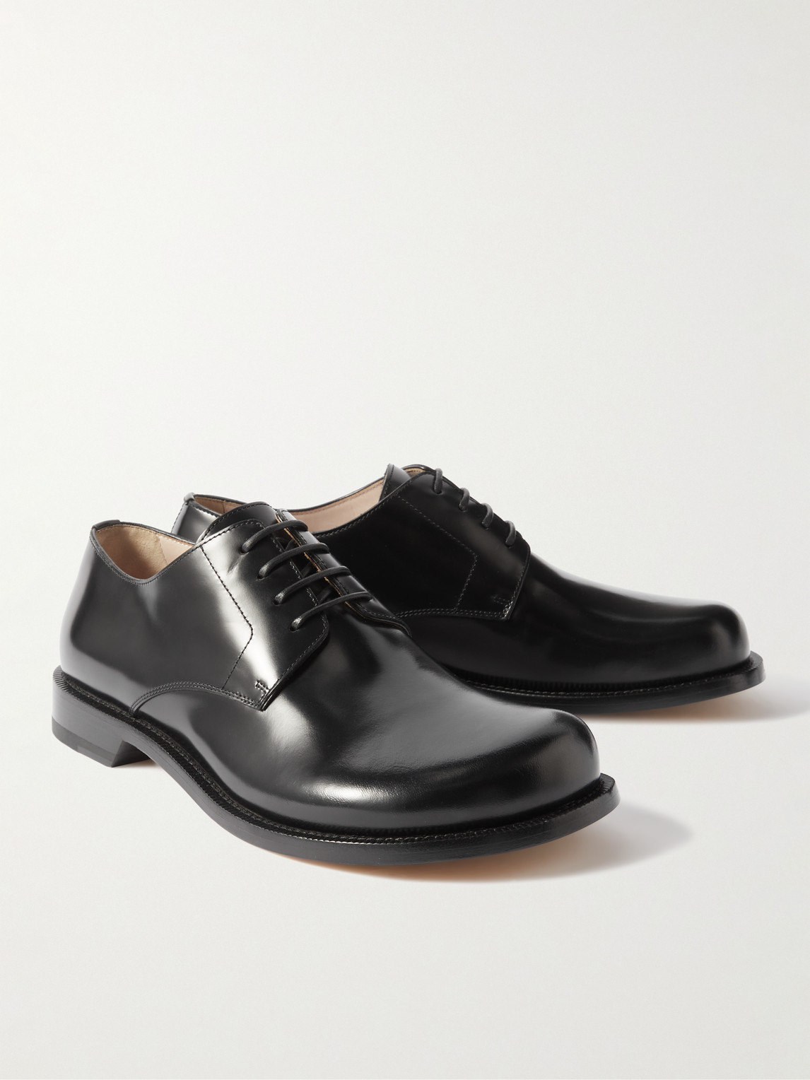 Shop Loewe Terra Glossed-leather Derby Shoes In Black