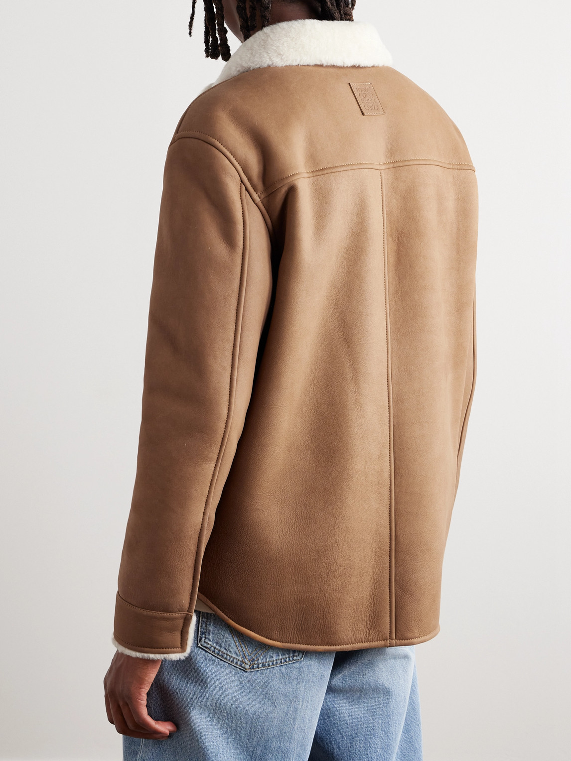 Shop Loewe Shearling-trimmed Leather Shirt Jacket In Brown