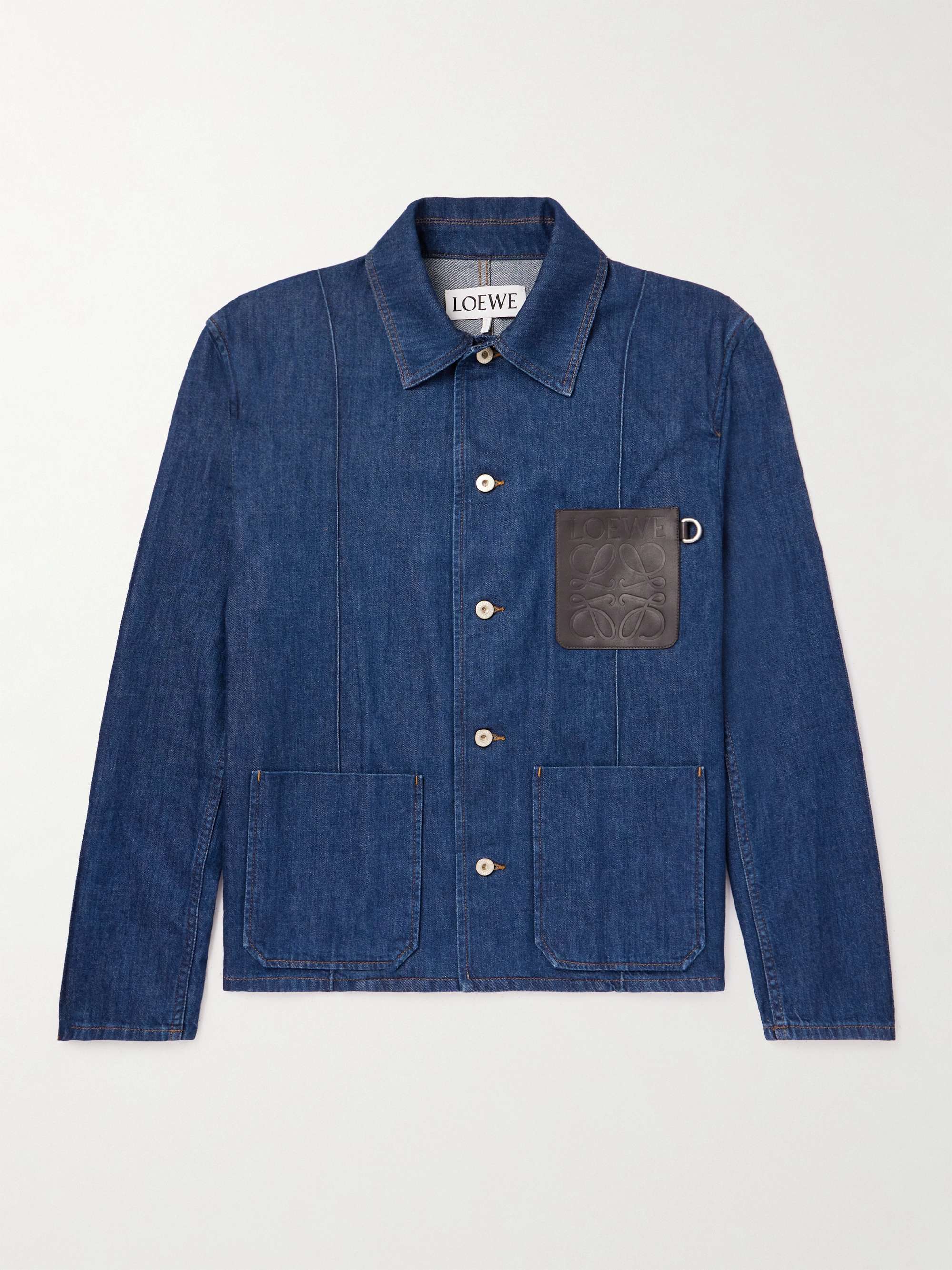 LOEWE Logo-Debossed Leather-Trimmed Denim Jacket for Men | MR PORTER